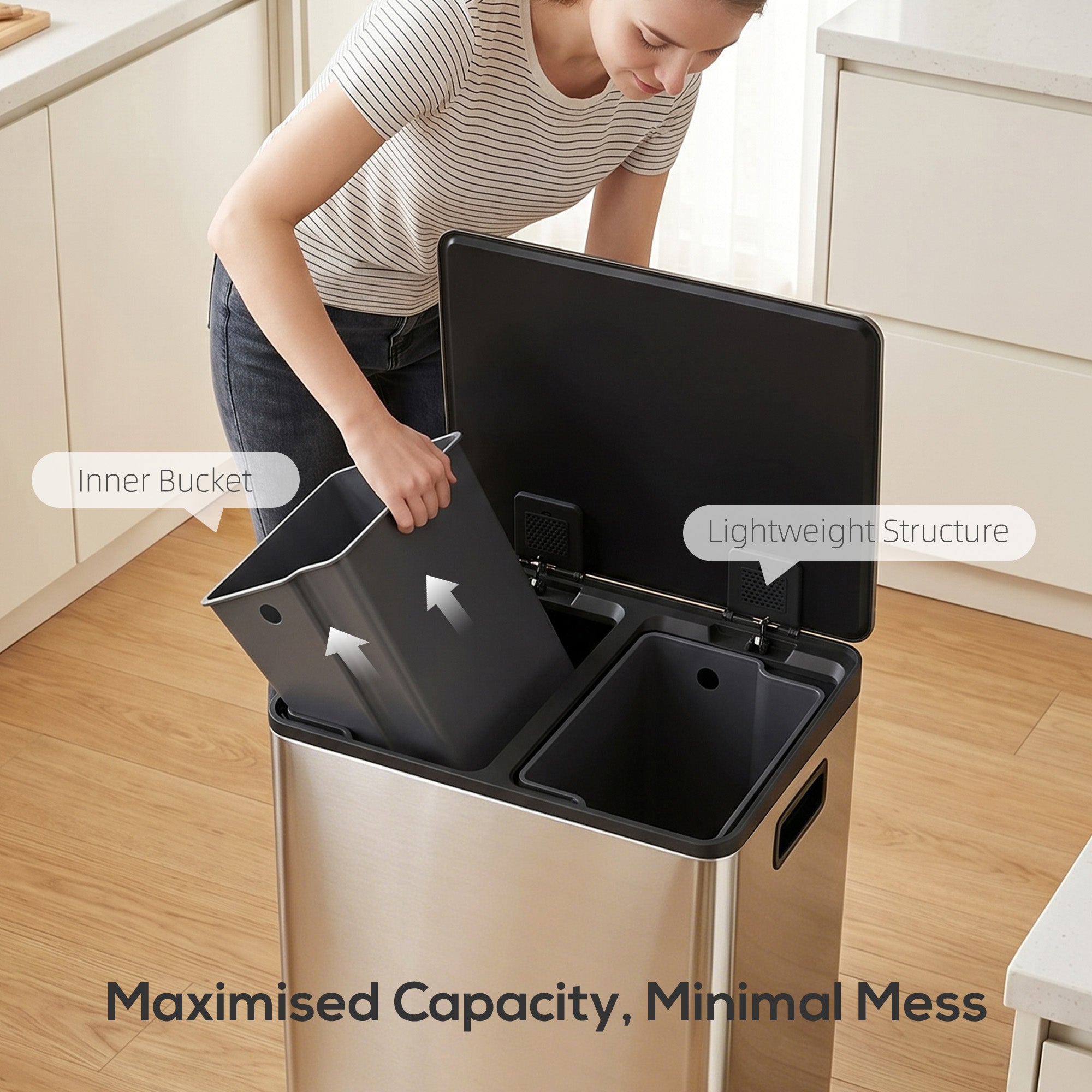 2 x 30L / 7.9 Gallon Dual Trash Can, Soft-Close Lid Stainless Steel Double Garbage Bin with Removable Inner Buckets and Handles for Kitchen, Office, Bathroom, Silver