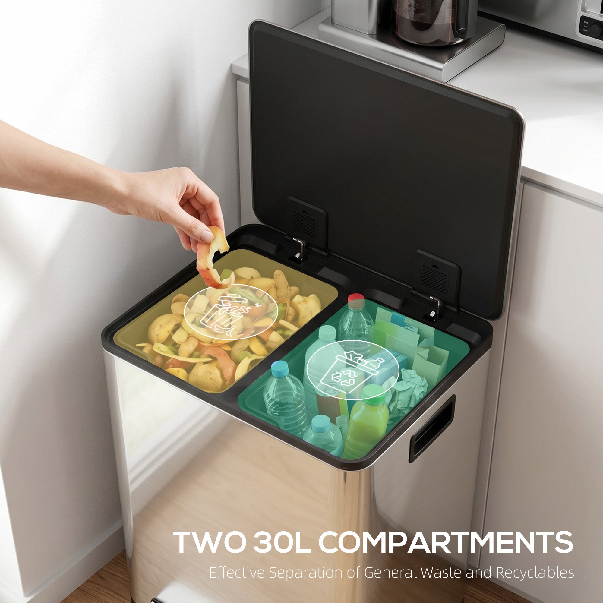 2 x 30L / 7.9 Gallon Dual Trash Can, Soft-Close Lid Stainless Steel Double Garbage Bin with Removable Inner Buckets and Handles for Kitchen, Office, Bathroom, Silver