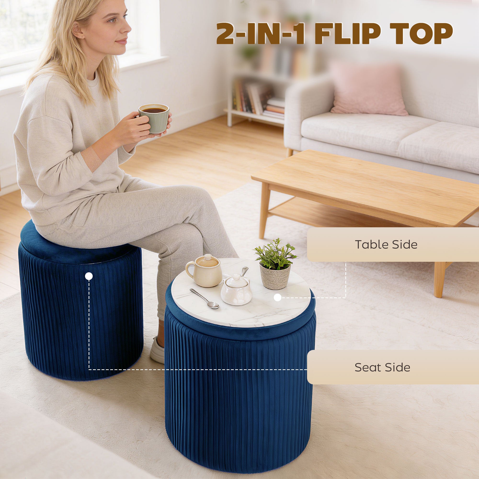 Round Storage Ottoman, Velvet-feel Fabric Upholstered Foot Stool with Removable Top, Padded Seat and Hidden Space for Living Room, Bedroom, Blue