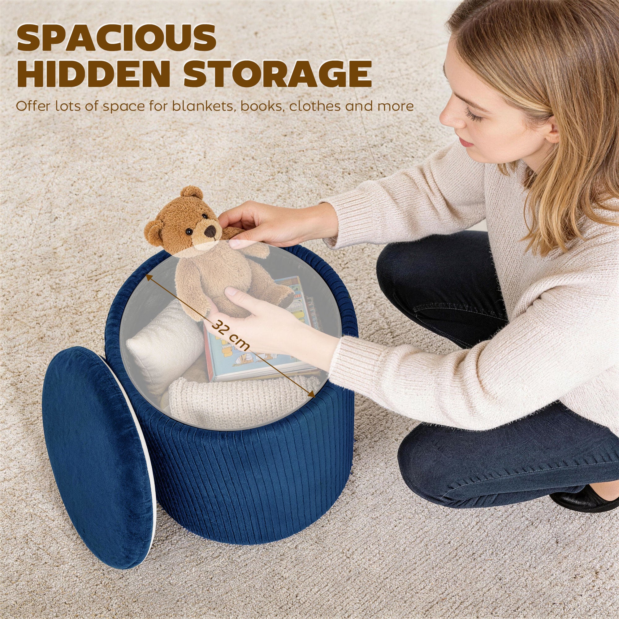 Round Storage Ottoman, Velvet-feel Fabric Upholstered Foot Stool with Removable Top, Padded Seat and Hidden Space for Living Room, Bedroom, Blue