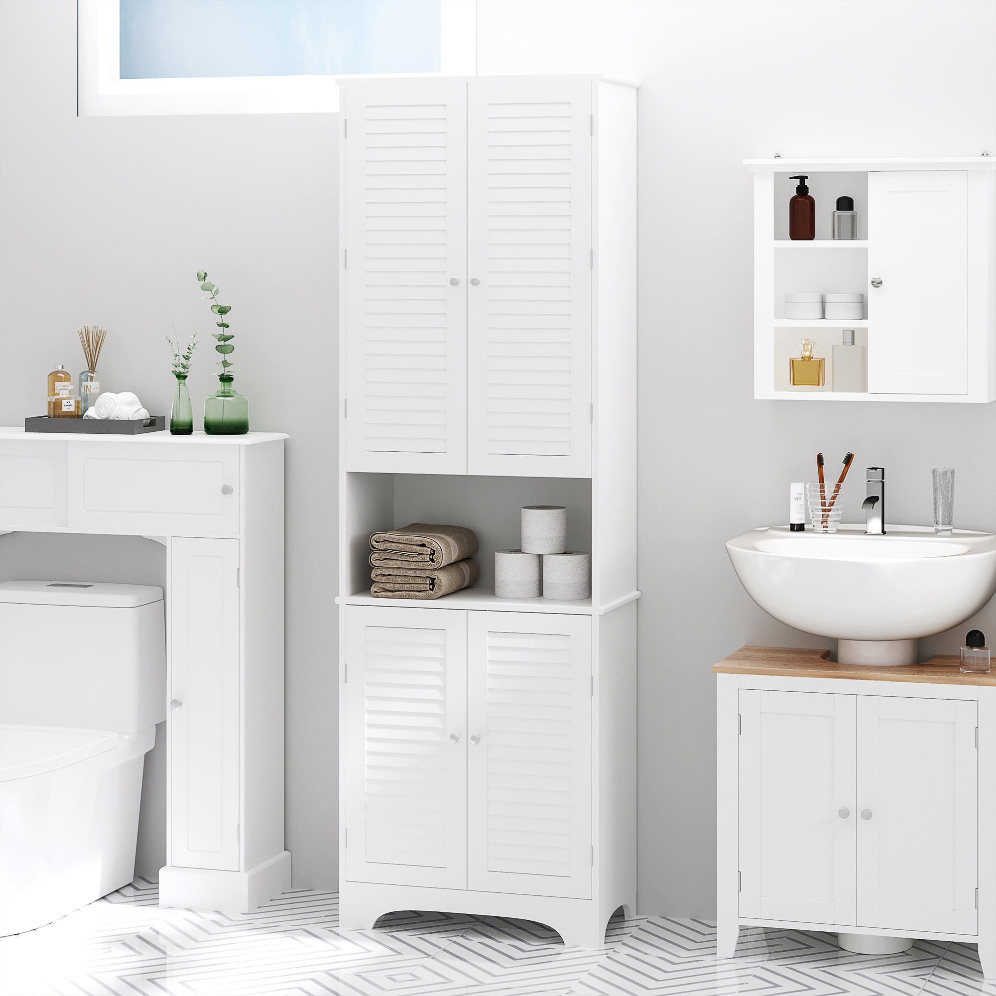 Tall Narrow Bathroom Storage Cabinet with Doors and Shelf Adjustability Freestanding Linen Cabinet White