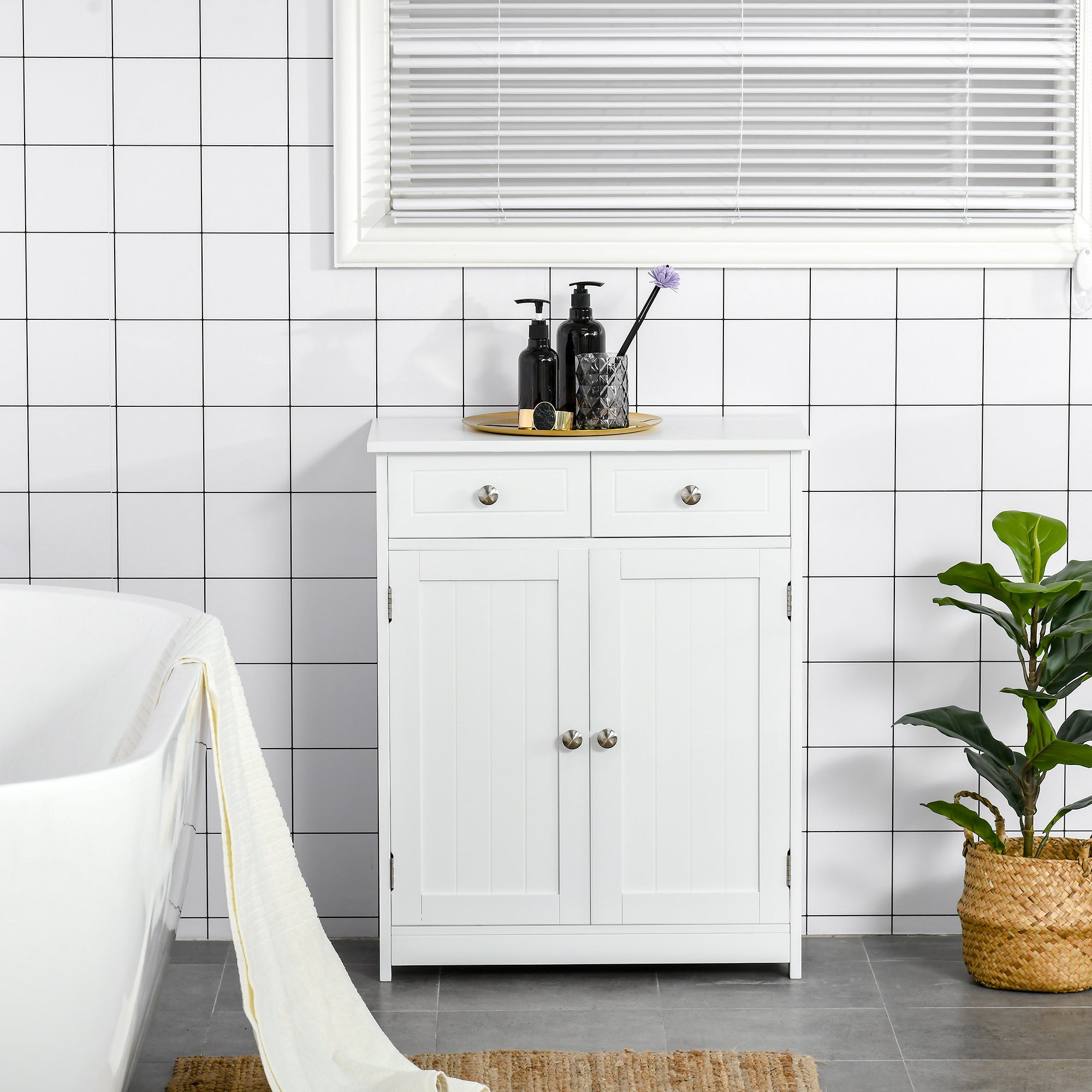 kleankin Bathroom Storage Cabinet, Floor Cabinet with 2 Doors, 2 Drawers, Adjustable Shelf for Washroom, White