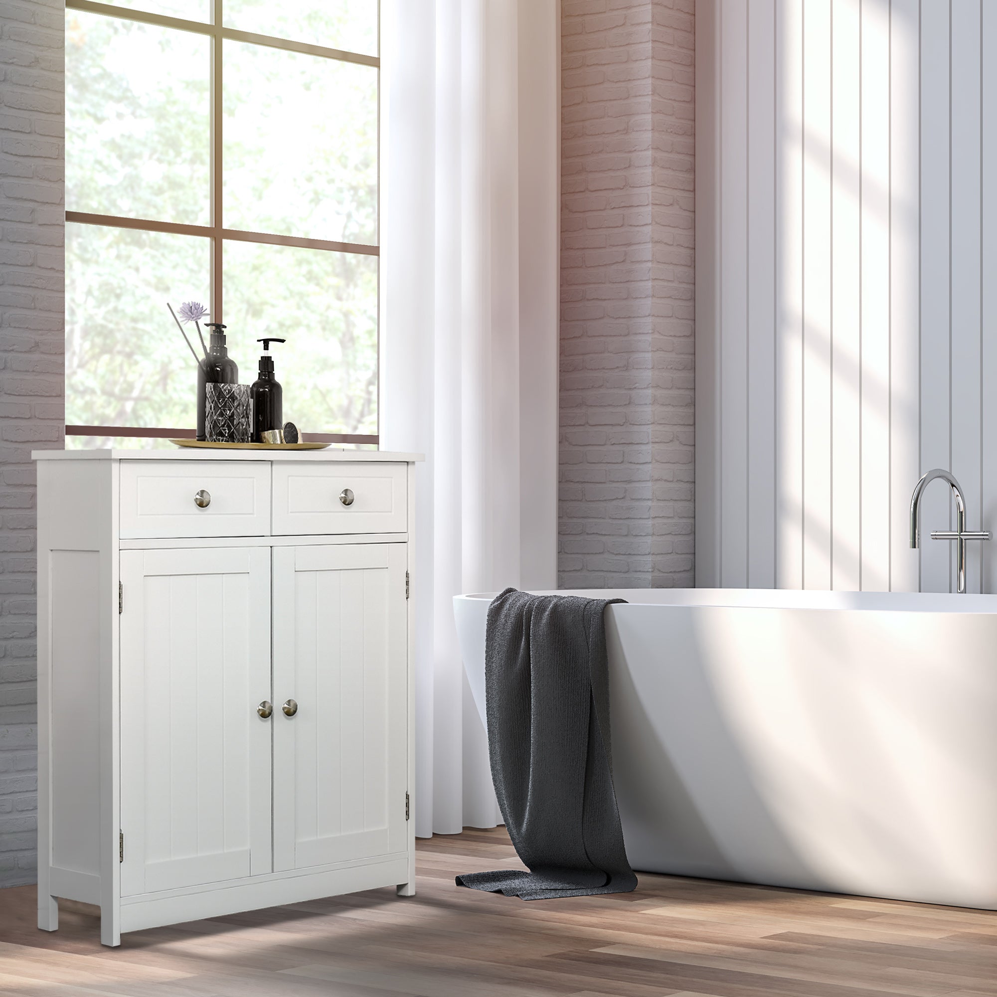 kleankin Bathroom Storage Cabinet, Floor Cabinet with 2 Doors, 2 Drawers, Adjustable Shelf for Washroom, White