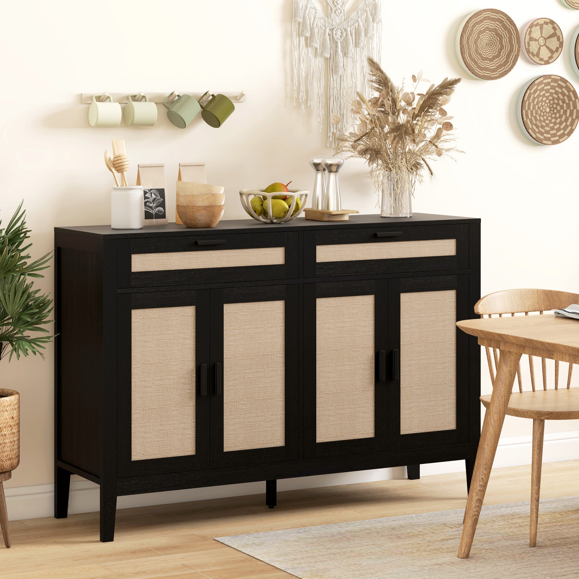 HOMCOM Sideboard Buffet Cabinet with Storage, 53" Boho Kitchen Storage Cabinet with Decorative Rattan Doors and Drawers, Black