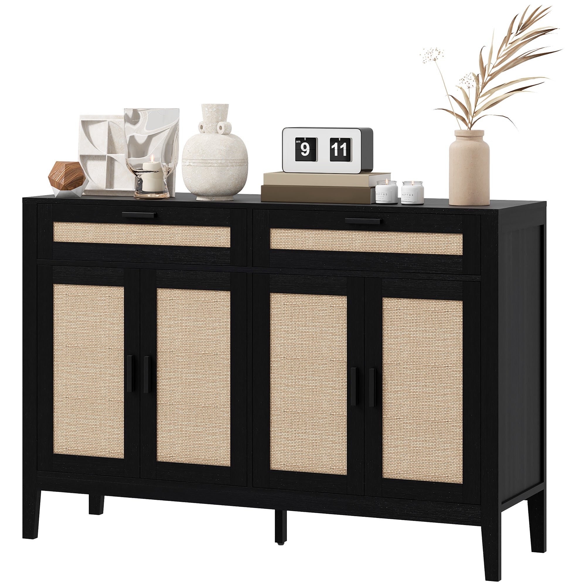 Kitchen Sideboard Cabinet Boho Entryway Cabinet with Decorative Rattan Doors and Drawers Black