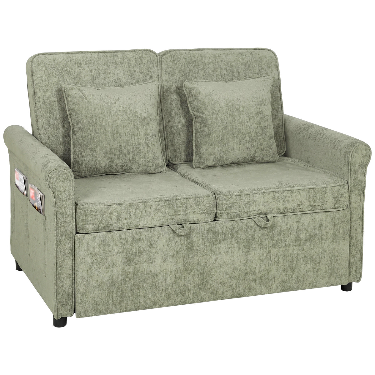 2 Seater Sofa Bed, 3-in-1 Convertible Pull Out Double Sleeper Sofa 190 x 130 cm, 5-Position Adjustable Backrest, Chenille Loveseat Bed Settee for Living Room, Bedroom, Guest Room, Light Green
