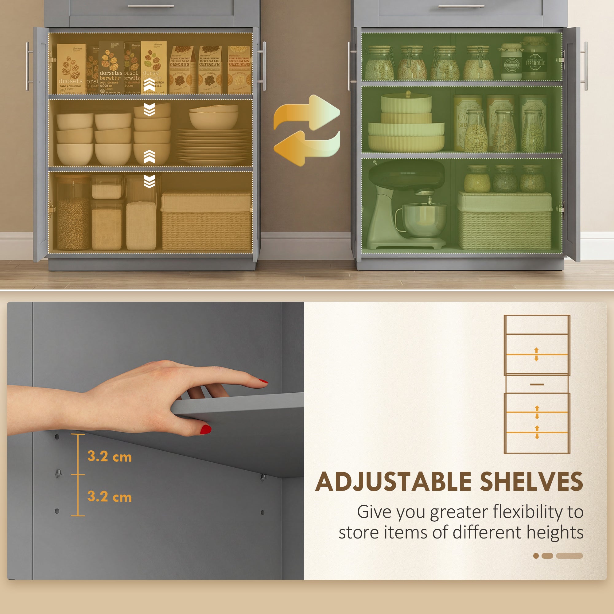 72" Kitchen Pantry Cabinet, Freestanding Tall Storage Cabinet with 4 Doors, Drawer and 3 Adjustable Shelves for Dining Room, Gray