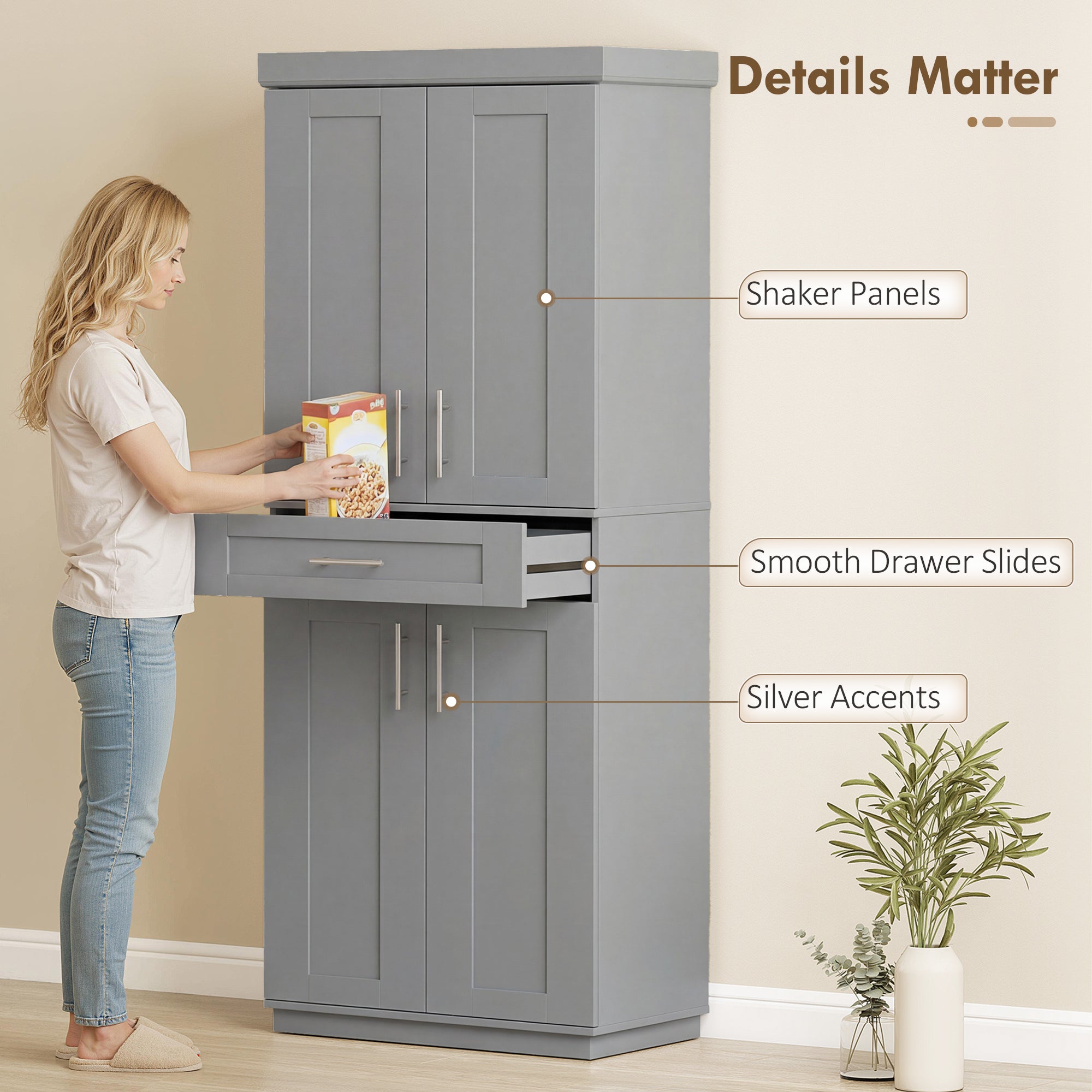 72" Kitchen Pantry Cabinet, Freestanding Tall Storage Cabinet with 4 Doors, Drawer and 3 Adjustable Shelves for Dining Room, Gray