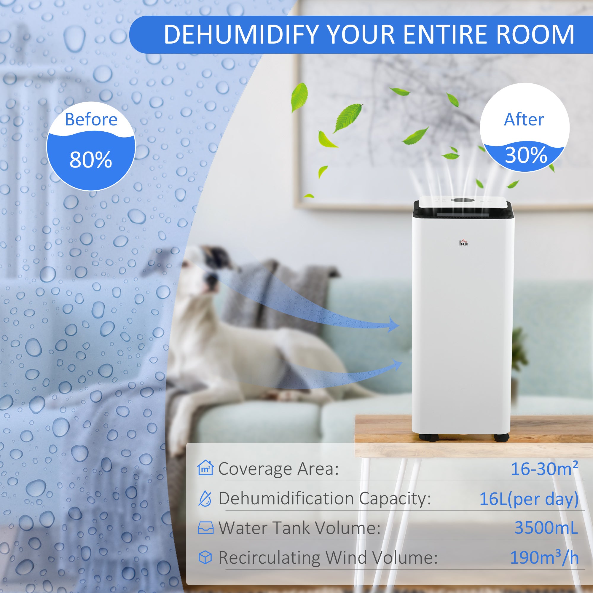 HOMCOM 16L/Day 3500mL Portable Quiet Dehumidifier with Air Purifier Filter, 24H Timer, 5 Modes, Electric Moisture Air Dehumidifier for Home Laundry Basement, White