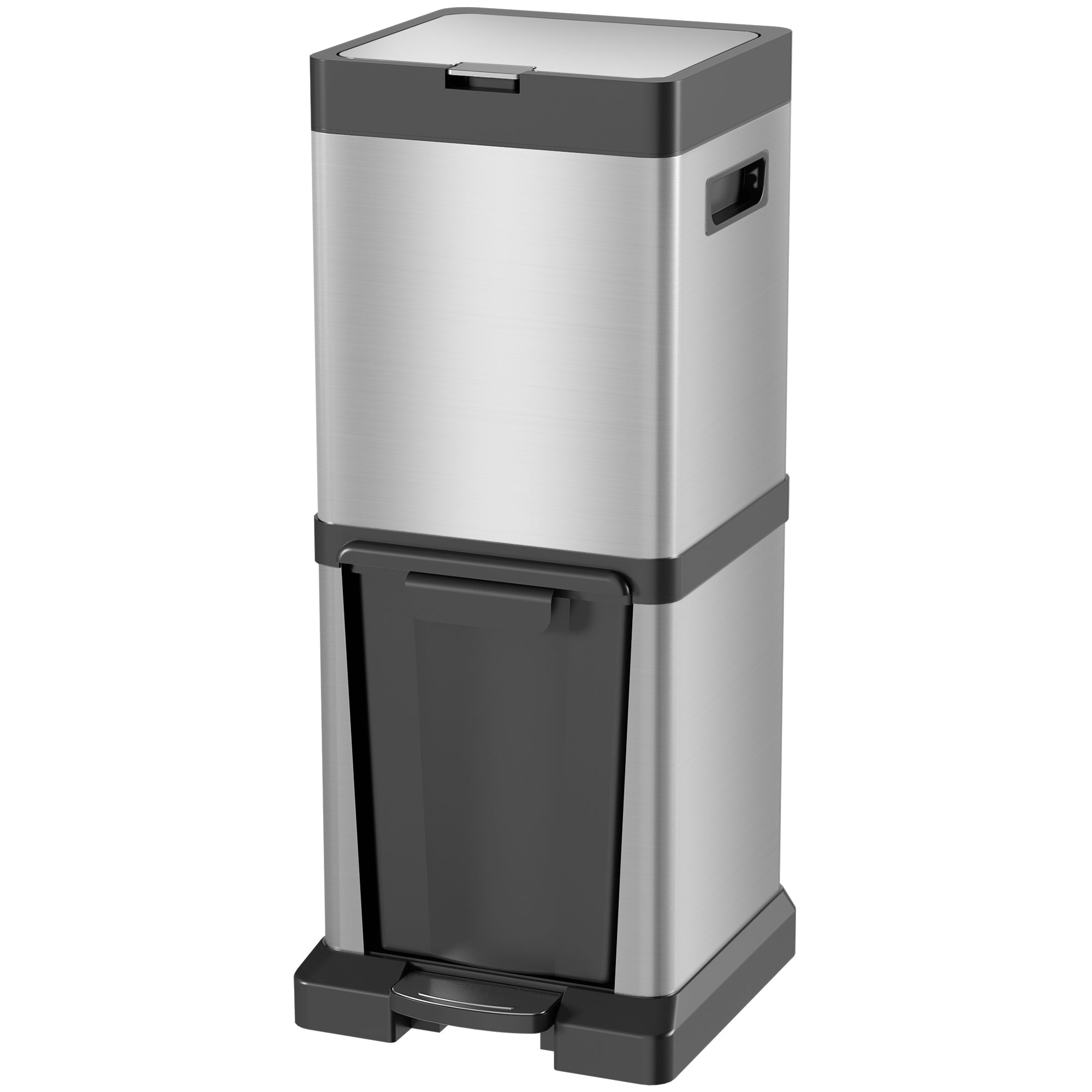 HOMCOM Dual Kitchen Bin, 20+14L Double Bin for Recycling and Waste, Stainless Steel Vertical Pedal Bin with Tilt Out Bin, Soft-Close Lid, Removable Inner Buckets and Handles, Silver