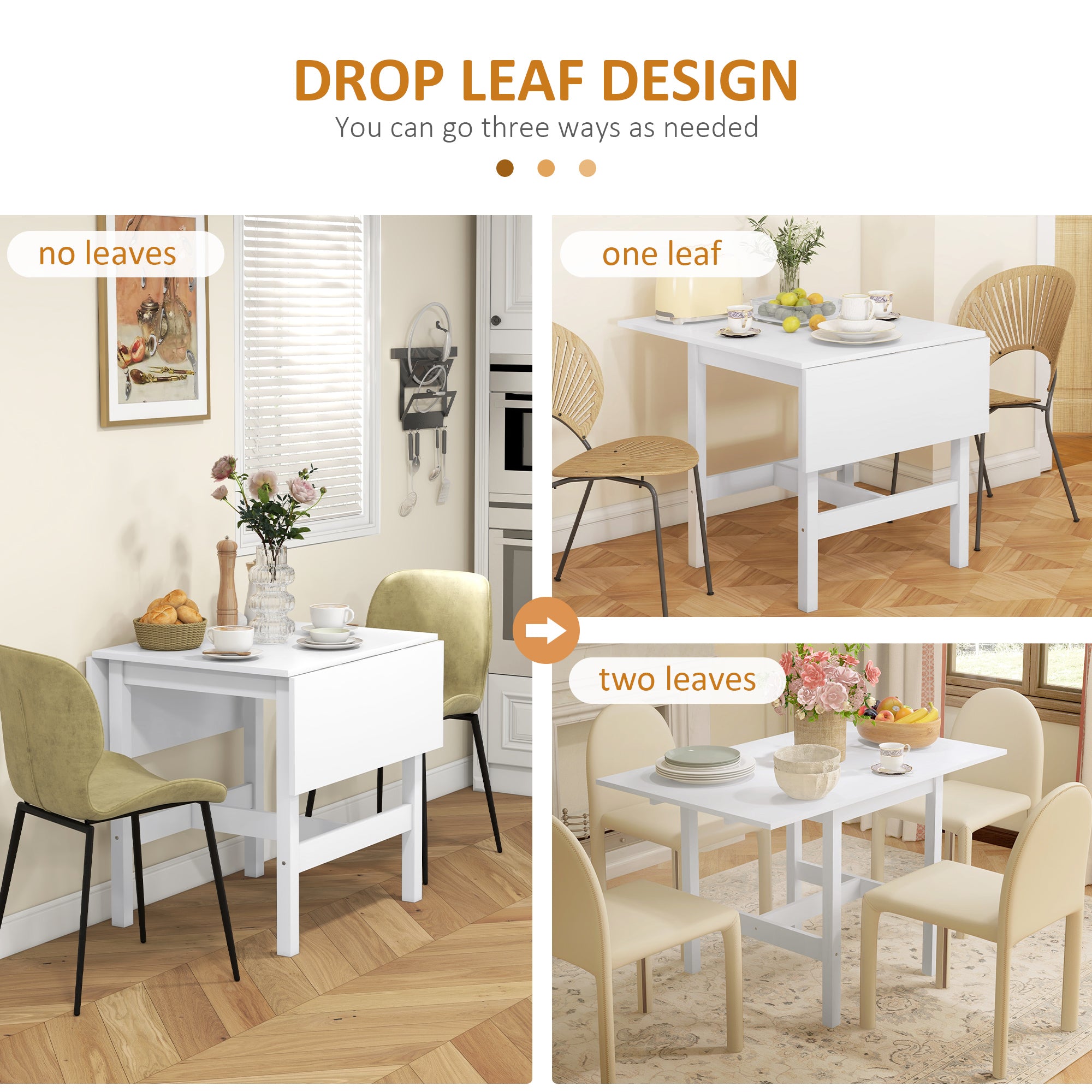 HOMCOM Foldable Solid Wood Dining Table, Drop Leaf Table for Small Spaces, Folding Table for Kitchen, Dining Room, White