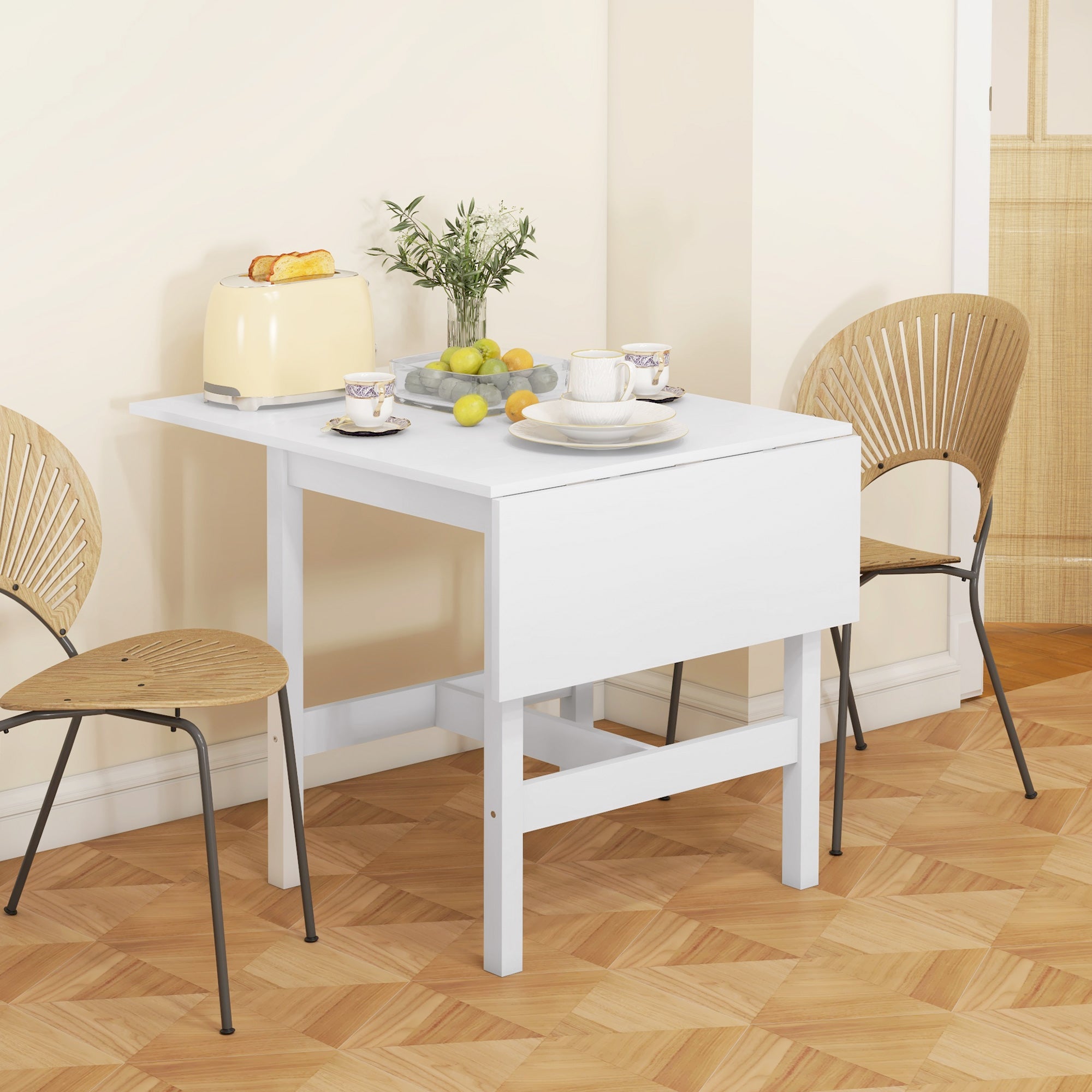 HOMCOM Foldable Solid Wood Dining Table, Drop Leaf Table for Small Spaces, Folding Table for Kitchen, Dining Room, White