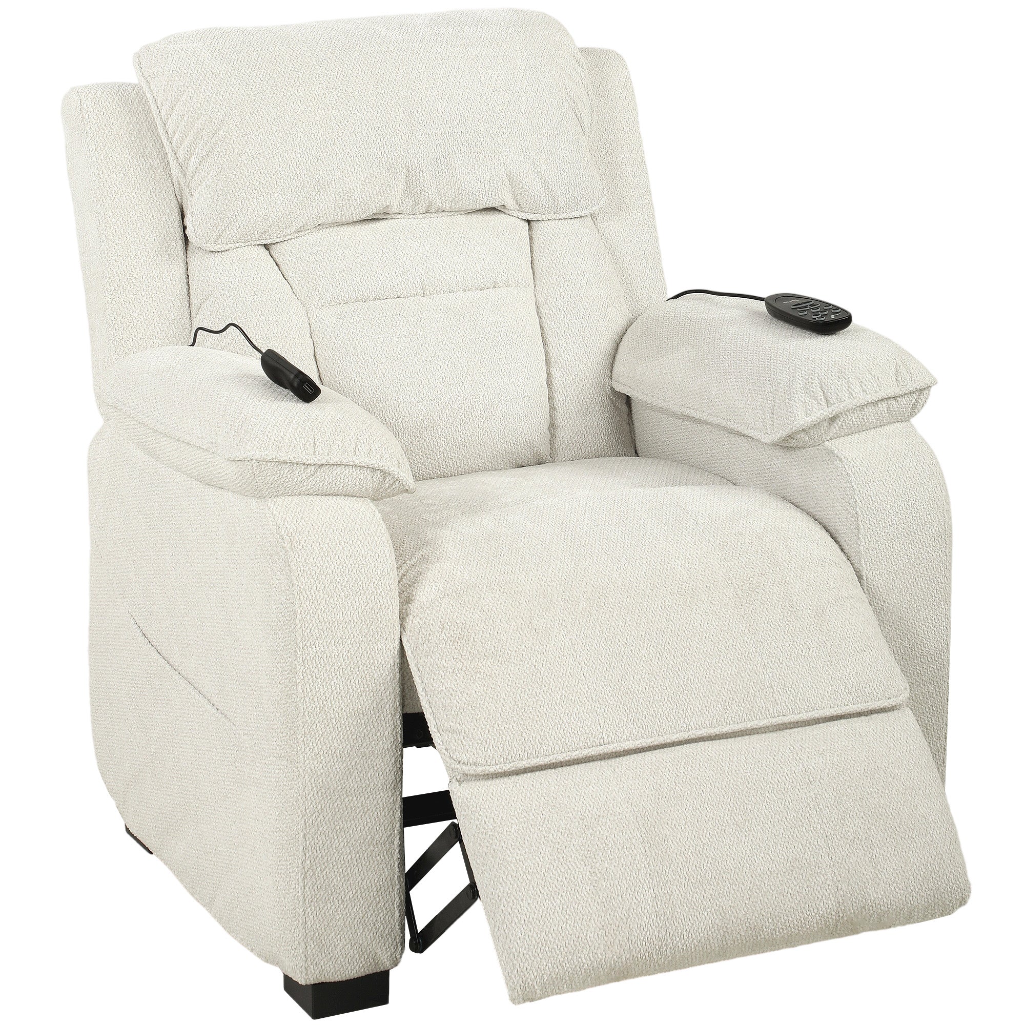 Power Recliner Armchair with Massage and Heat, Velvet-Feel Fabric Quiet Electric Reclining Chair with Wide Spring Seat, Memory Function, High Back, Headrest, USB Port, Side Pockets, Cream White