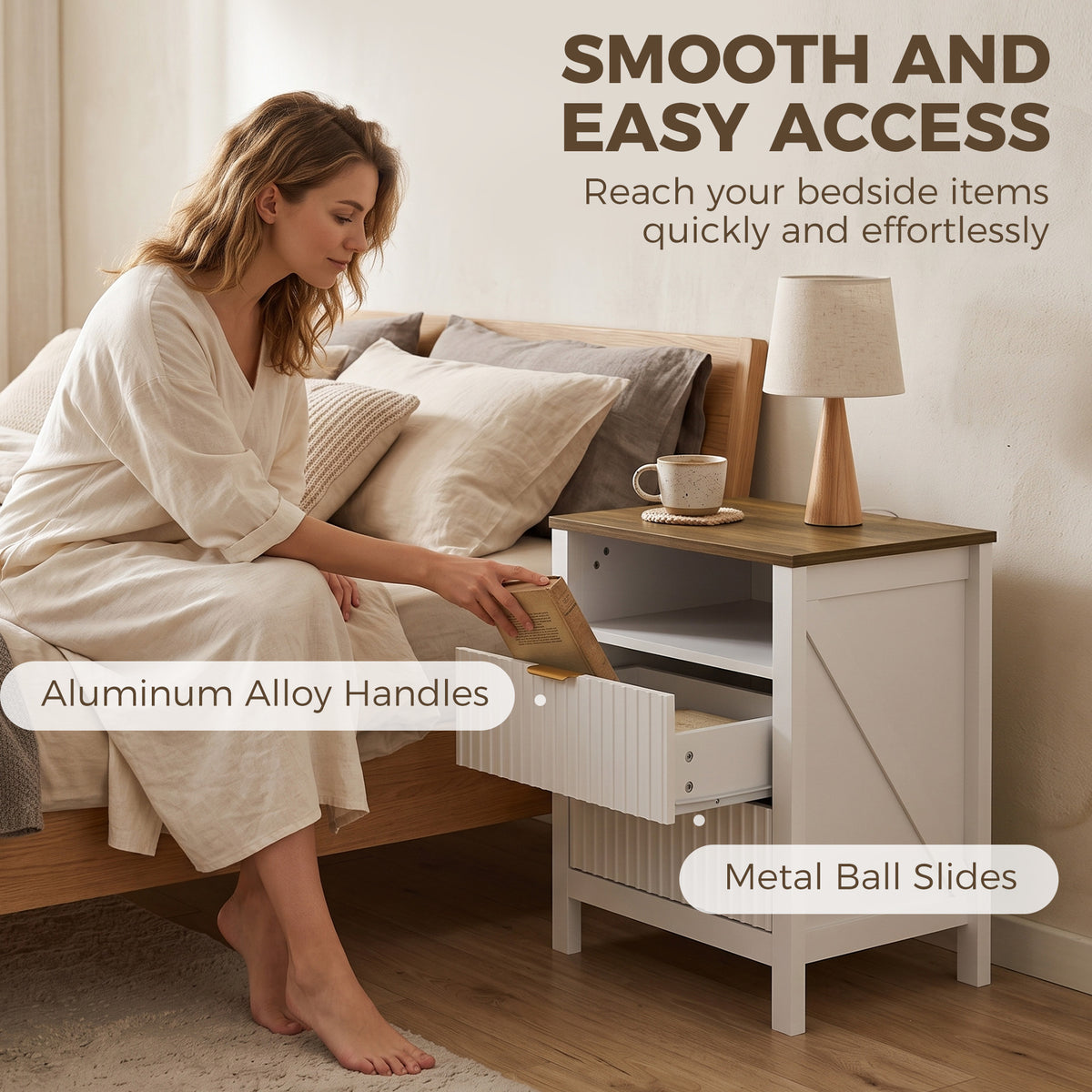 Modern Nightstand with 2 Fluted Drawers, Bedside Table with Open Storage Shelf, Anti-tipping Design, Side End Table for Bedroom Living Room Study, White and Walnut