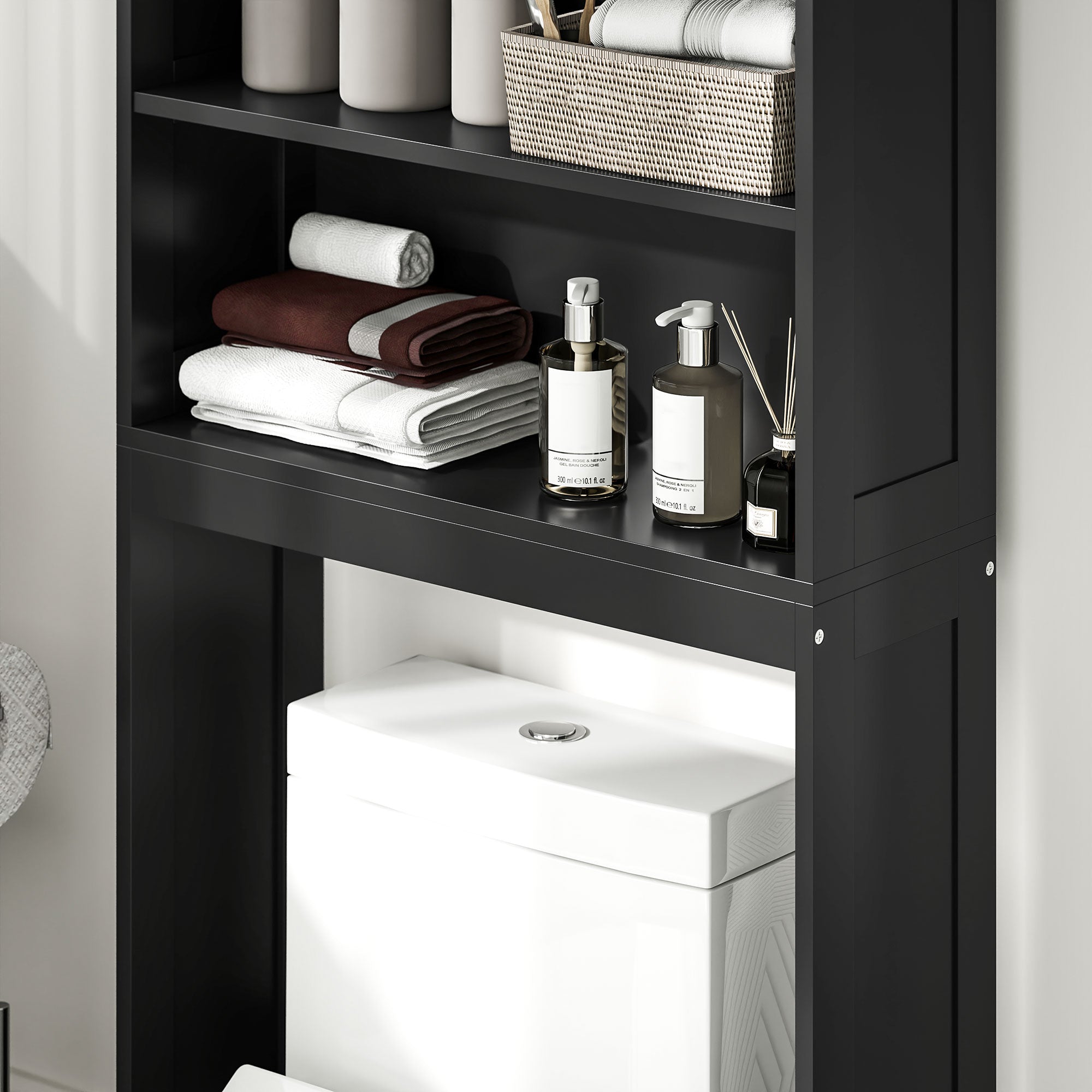 kleankin Over The Toilet Storage Cabinet, Bathroom Space Saver with Adjustable Shelf, Open Shelves and Double Door Cabinet, Bathroom Organizer, Black