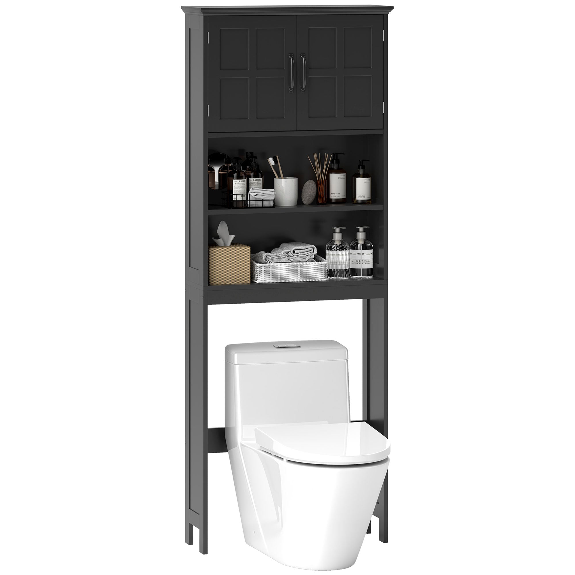 kleankin Over The Toilet Storage Cabinet, Bathroom Space Saver with Adjustable Shelf, Open Shelves and Double Door Cabinet, Bathroom Organizer, Black