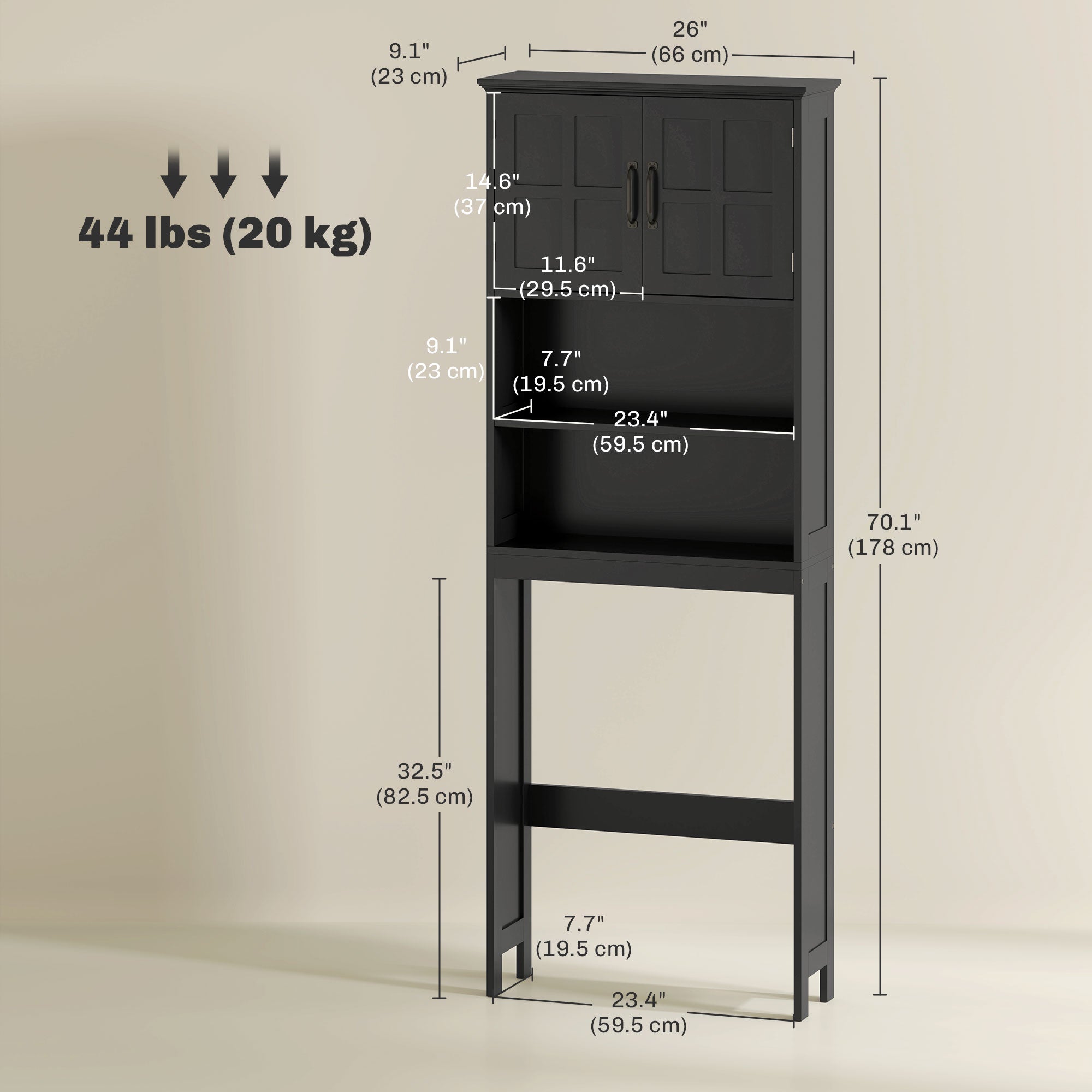 kleankin Over The Toilet Storage Cabinet, Bathroom Space Saver with Adjustable Shelf, Open Shelves and Double Door Cabinet, Bathroom Organizer, Black