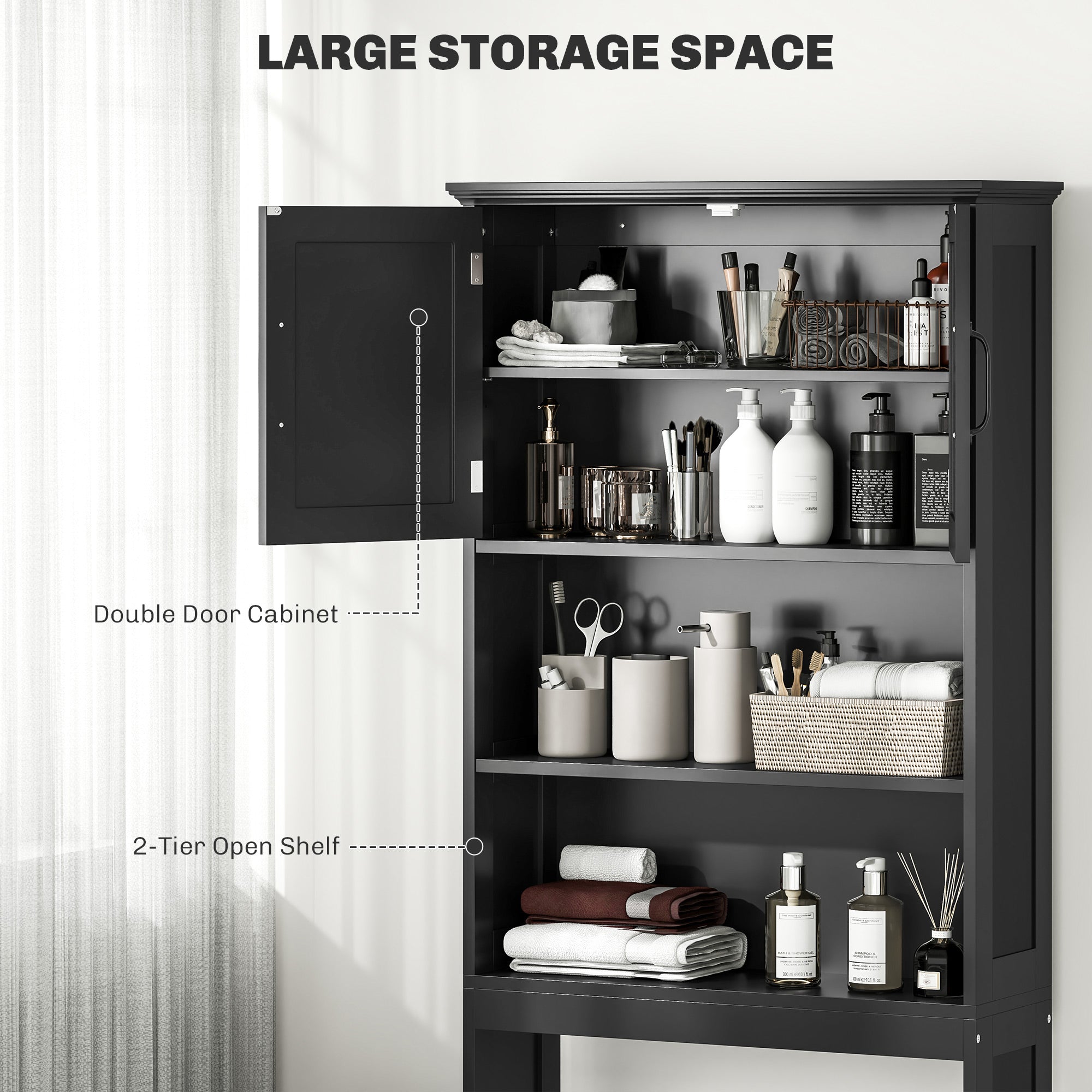 kleankin Over The Toilet Storage Cabinet, Bathroom Space Saver with Adjustable Shelf, Open Shelves and Double Door Cabinet, Bathroom Organizer, Black