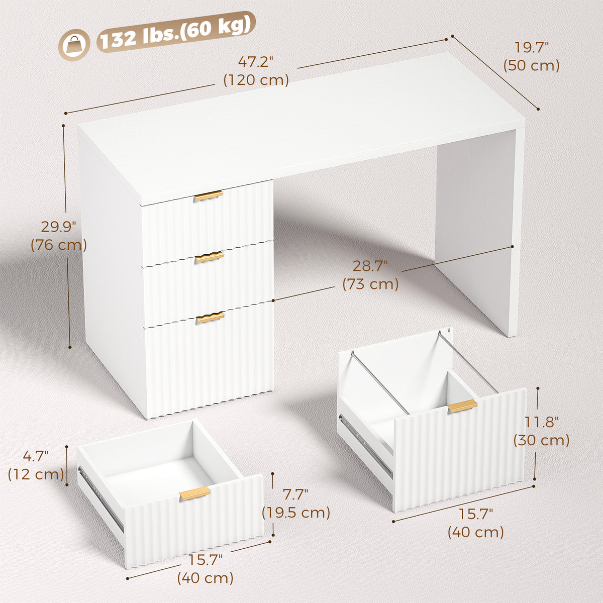 Computer Desk with 3 Drawers, 47" Reversible Home Office Desk with Storage, Thick Top, Modern Study Table with File Drawer for A4 and Letter Size, Bedroom, Studio, White