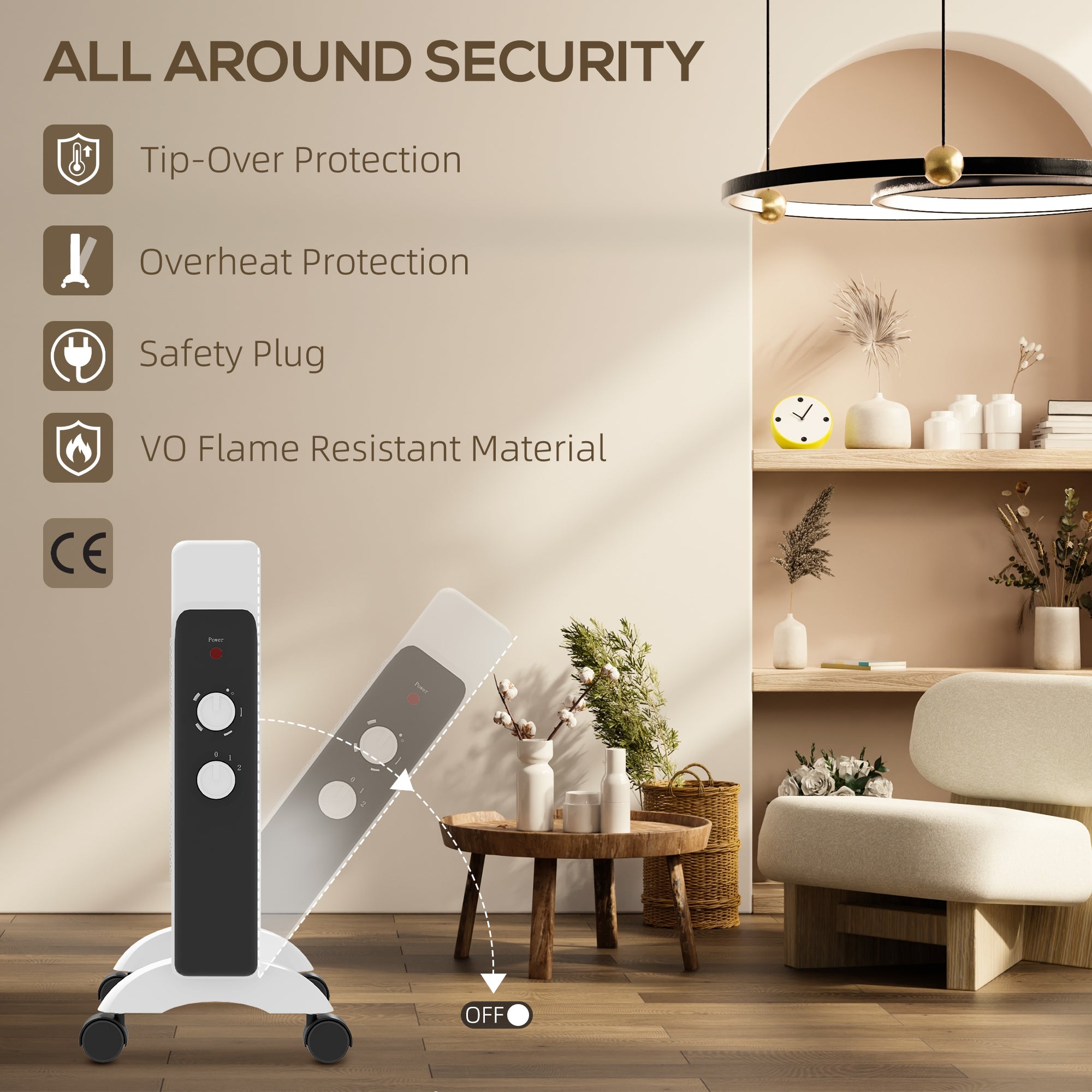 HOMCOM 2000W Mica Oil Free Panel Heater, Portable Convection Space Heater with Tip-over and Overheat Protection, 2 Heat Settings, Electric Heater for Home Office, Bedroom, White