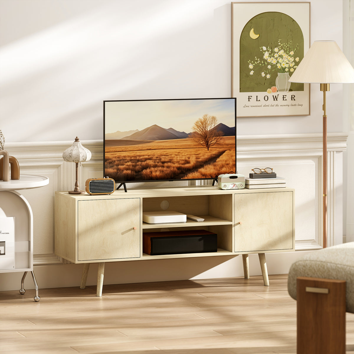 TV Stand Cabinet for TVs up to 55 Inches, Entertainment Unit with Storage Shelves and Wood Legs for Living Room, Natural Wood