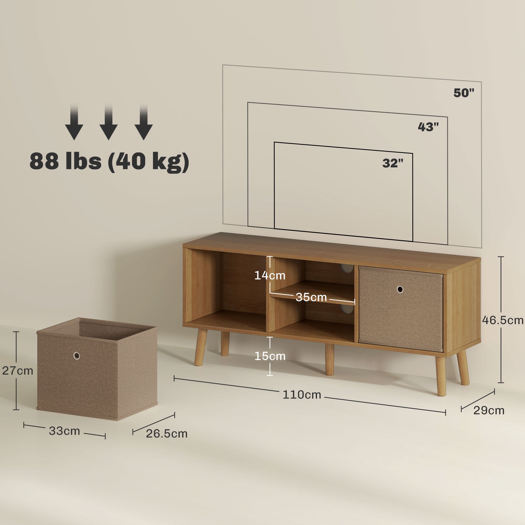 HOMCOM TV Cabinet Stand Unit for TVs up to 50" Flat Screen with Foldable Drawers and Shelves, Entertainment Centre for Living Room, Bedroom Brown
