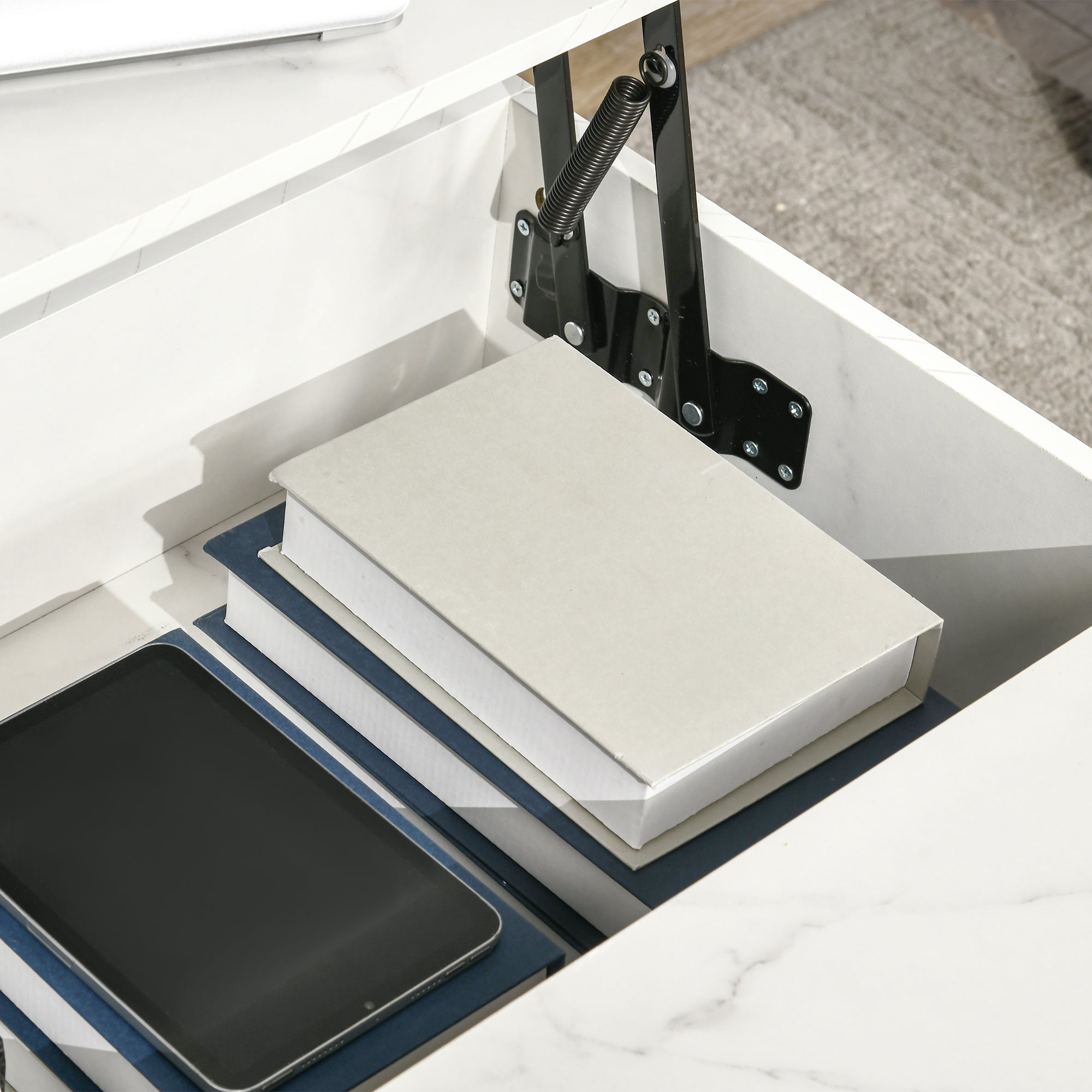 HOMCOM Lift Top Coffee Table, Lifting Coffee Table with Hidden Storage Compartment and Metal Legs, for Living Room, Faux Marble White