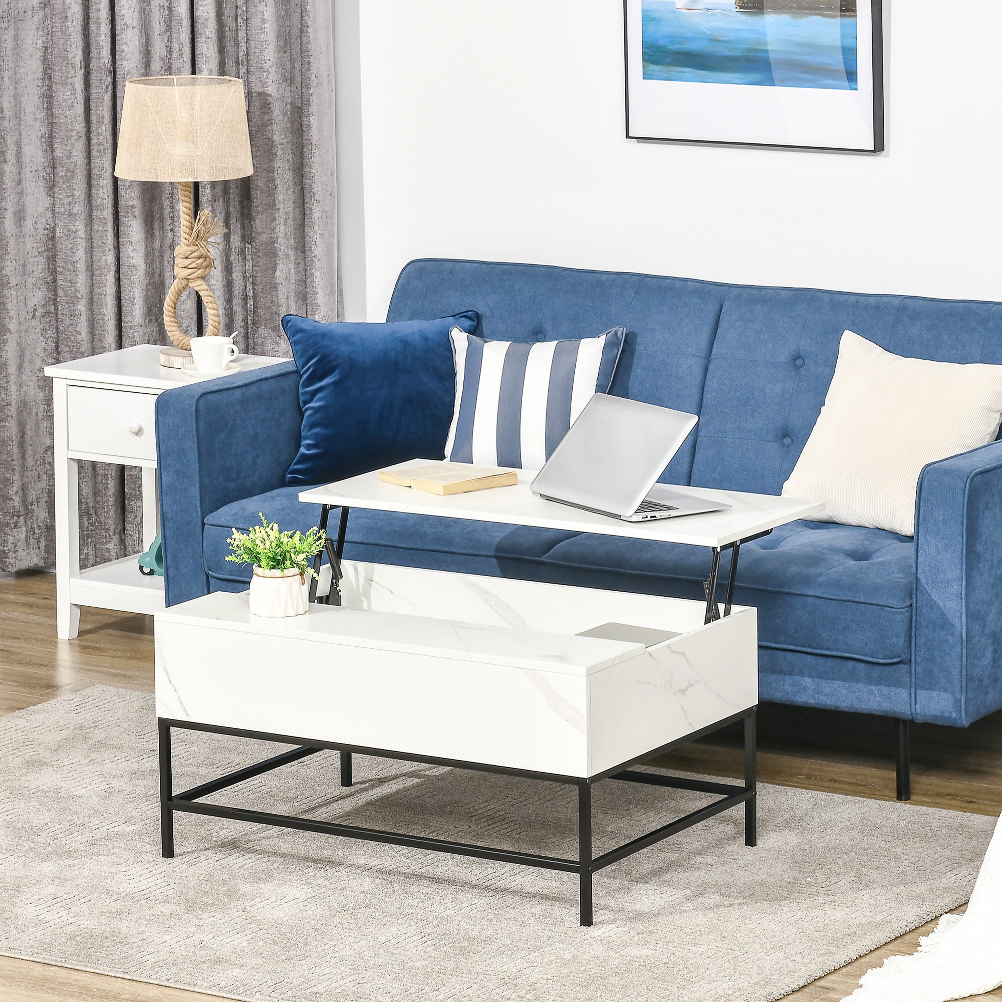 HOMCOM Lift Top Coffee Table, Lifting Coffee Table with Hidden Storage Compartment and Metal Legs, for Living Room, Faux Marble White