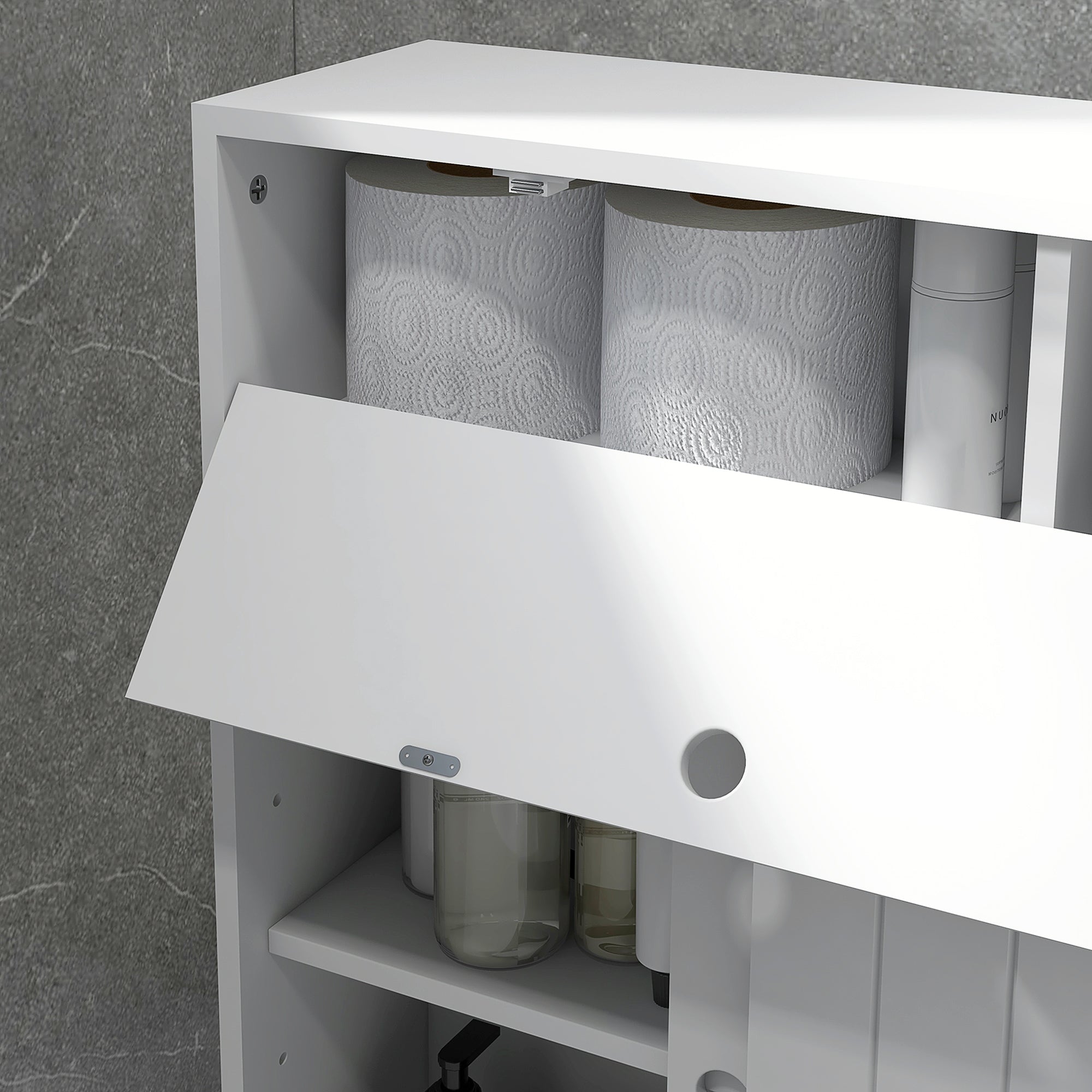 Slim Bathroom Cabinet, Modern Narrow Bathroom Storage Cabinet with 4 Rolling Wheels and Paper Holes, White