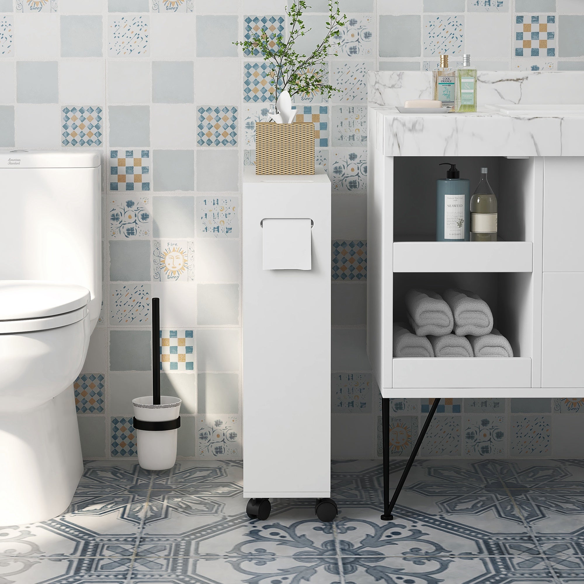 Slim Bathroom Cabinet, Modern Narrow Bathroom Storage Cabinet with 4 Rolling Wheels and Paper Holes, White