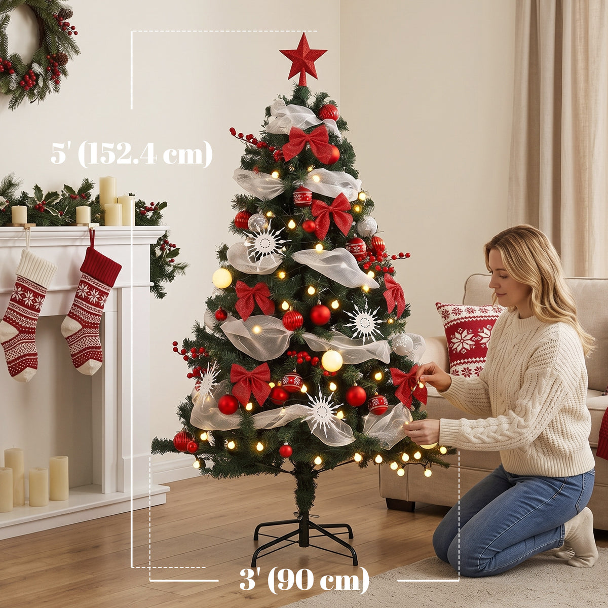 5ft Prelit Christmas Tree Spruce, Remote, Hinged, Artificial Xmas Tree with 8 Modes, 450 Tips, 150 LEDs, Balls, Ribbons, Bows, Foldable Metal Base, Green and Red