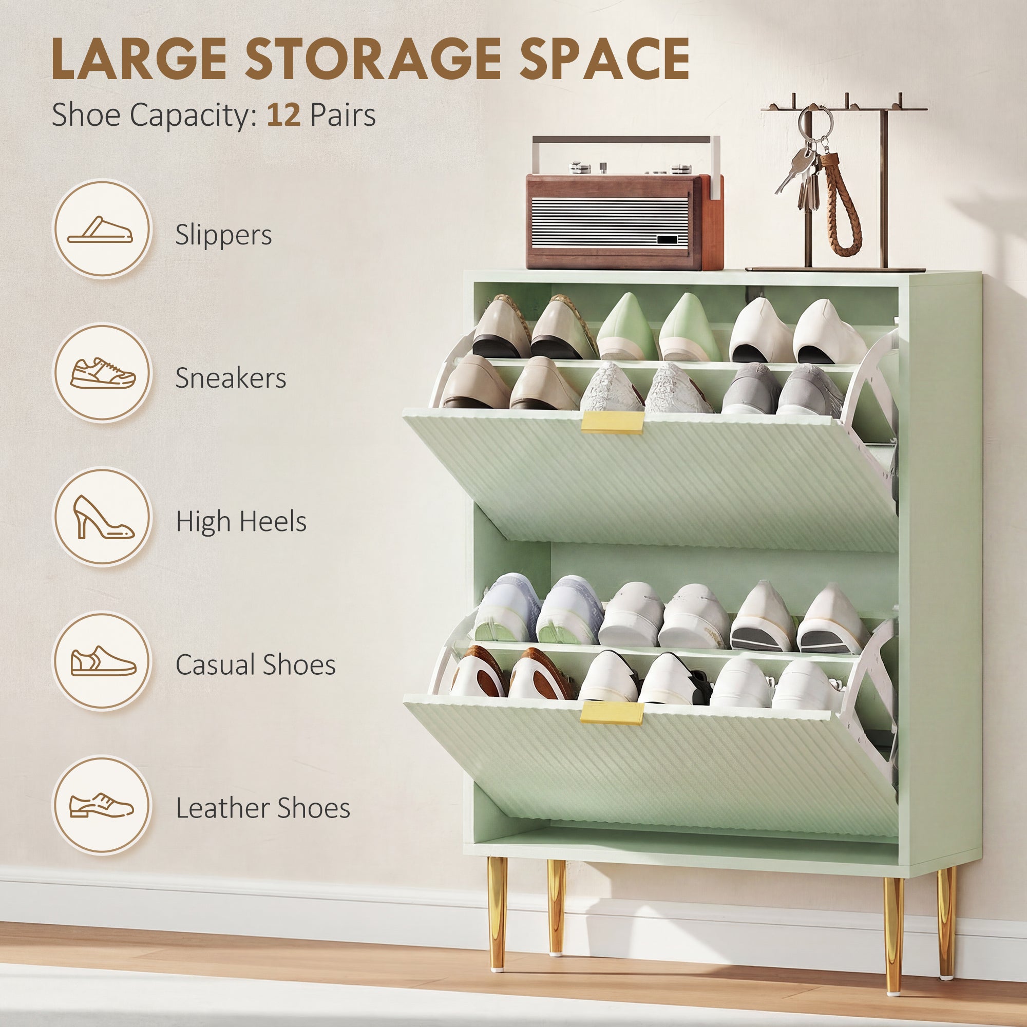 Narrow Shoe Cabinet with 2 Flip Drawers, Modern Slim Shoe Storage Cabinet with Fluted Doors and Adjustable Shelves for Hallway, Holds 6-12 Pairs, Light Green