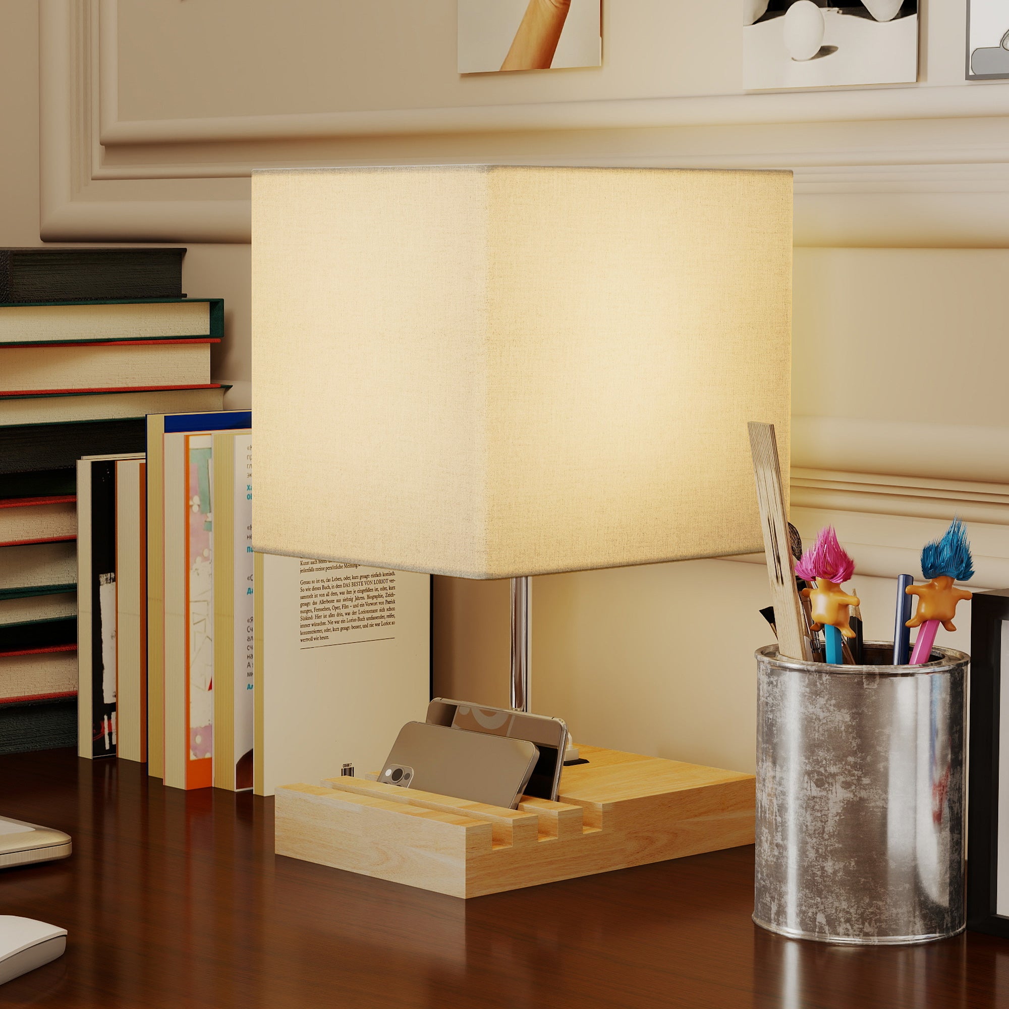 Bedside Lamp with USB A+C Charging Ports and 3 Phone Stands, Modern Table Lamp with Solid Wood Base and Fabric Shade for Bedroom Living Room Office, E27 Socket, Bulb Not Included, White