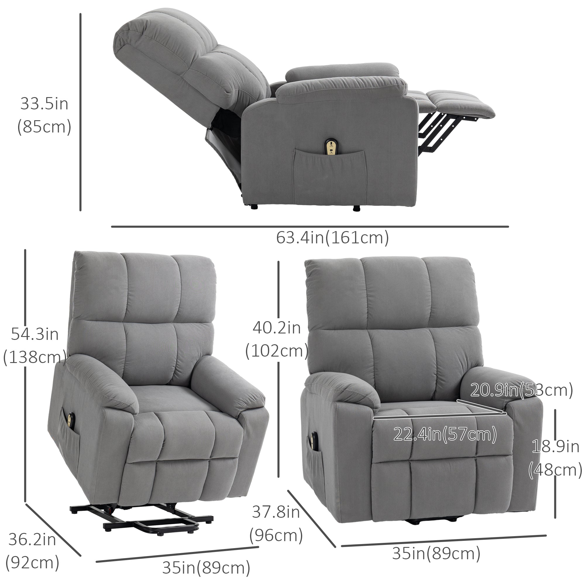 HOMCOM Power Lift Recliner Chair, Fabric Upholstered Electric Recliner Chair for Seniors with Side Pockets, Remote Control, Quick Assembly, Grey