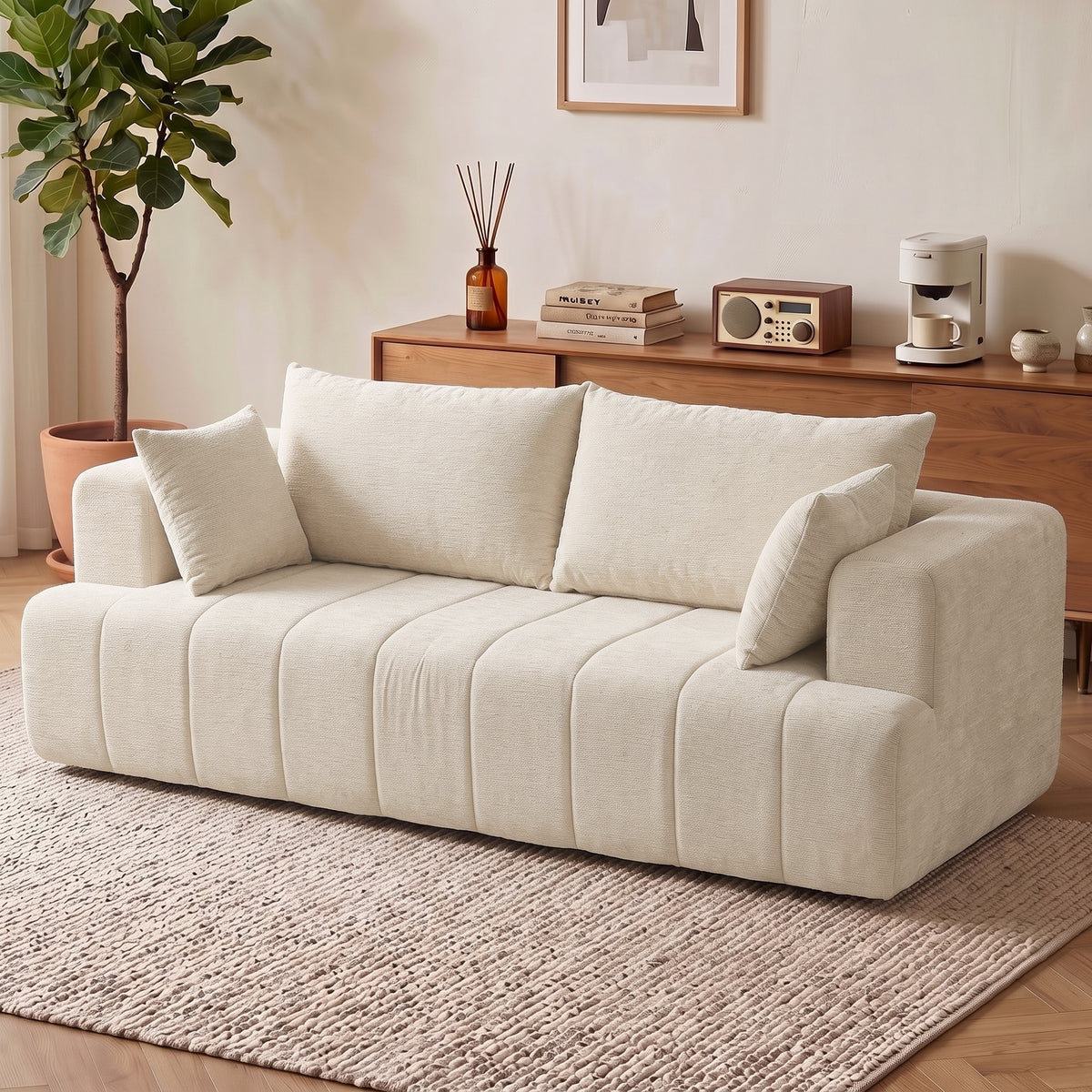 3 Seater Sofa, Chenille Boneless Cloud Couch with Thick Spring Cushion, Wide and Deep Seat, Wide Armrests, 2 Pillows, Anti-Slip Bottom, Modern Sofa Settee for Living Room, Beige