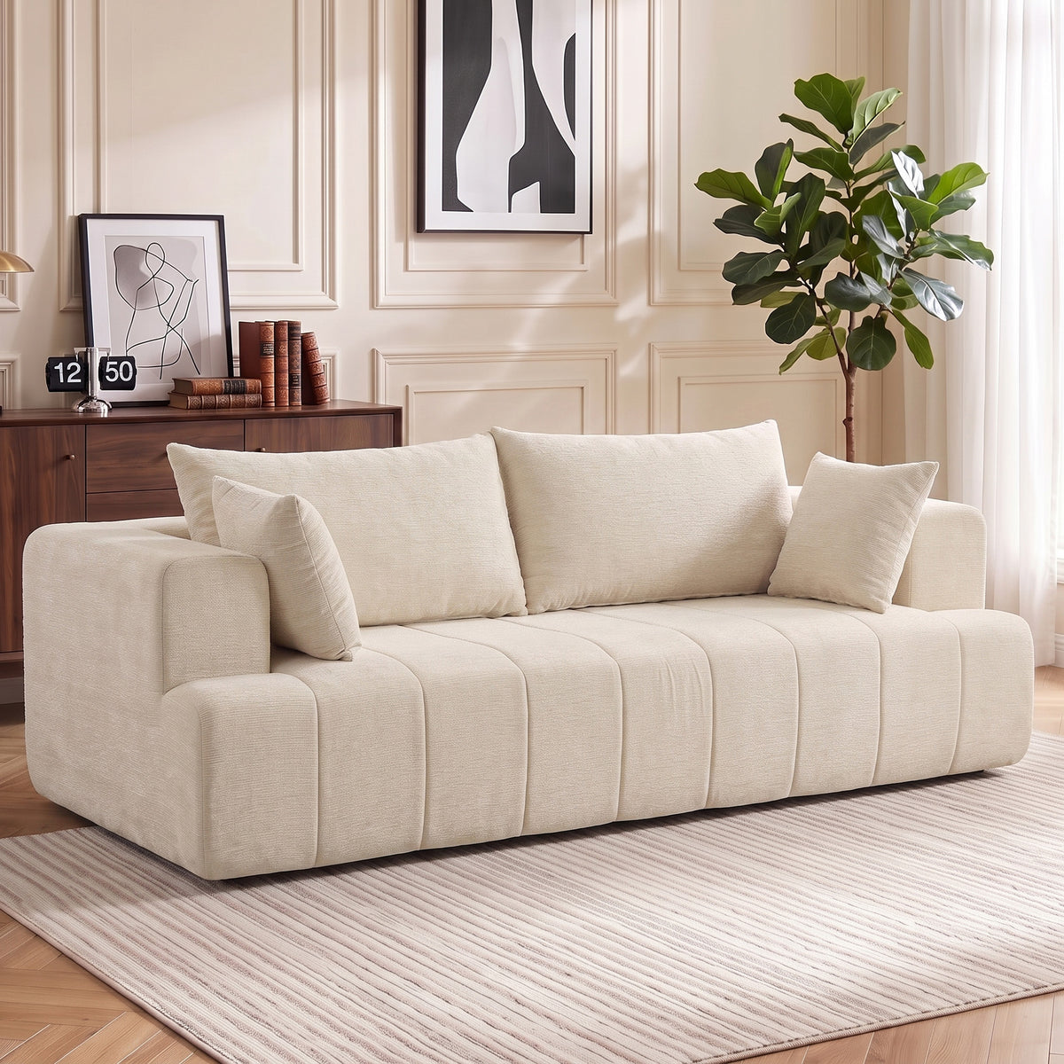 3 Seater Sofa, Chenille Boneless Cloud Couch with Thick Spring Cushion, Wide and Deep Seat, Wide Armrests, 2 Pillows, Anti-Slip Bottom, Modern Sofa Settee for Living Room, Beige