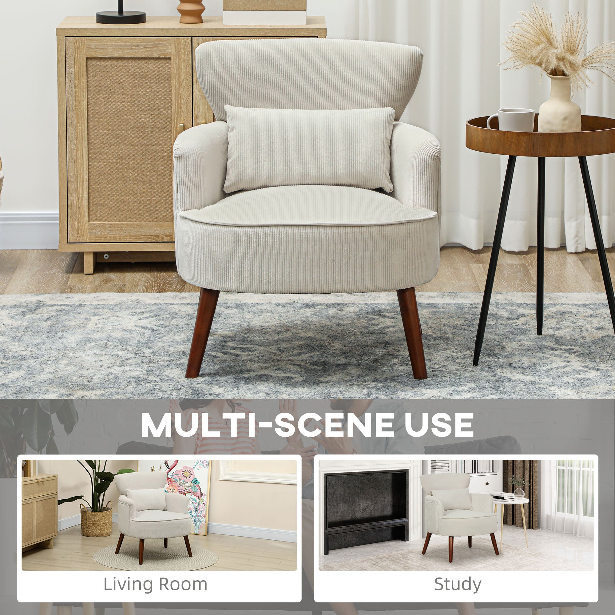 HOMCOM Accent Chair, Upholstered Armchair with Solid Wood Legs and Lumbar Pillow, Living Room Chair with Thick Padded Seat, Cream White