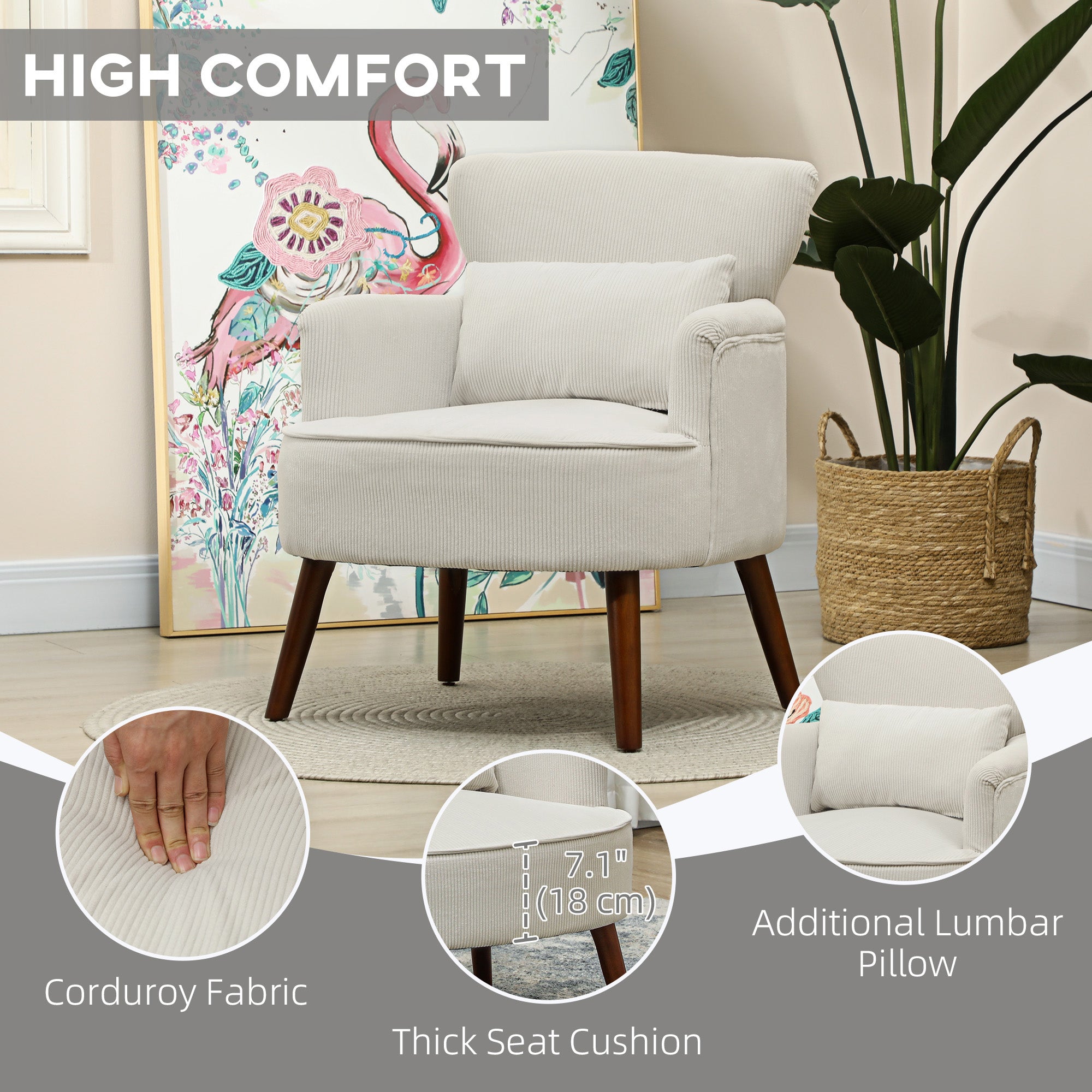 HOMCOM Accent Chair, Upholstered Armchair with Solid Wood Legs and Lumbar Pillow, Living Room Chair with Thick Padded Seat, Cream White