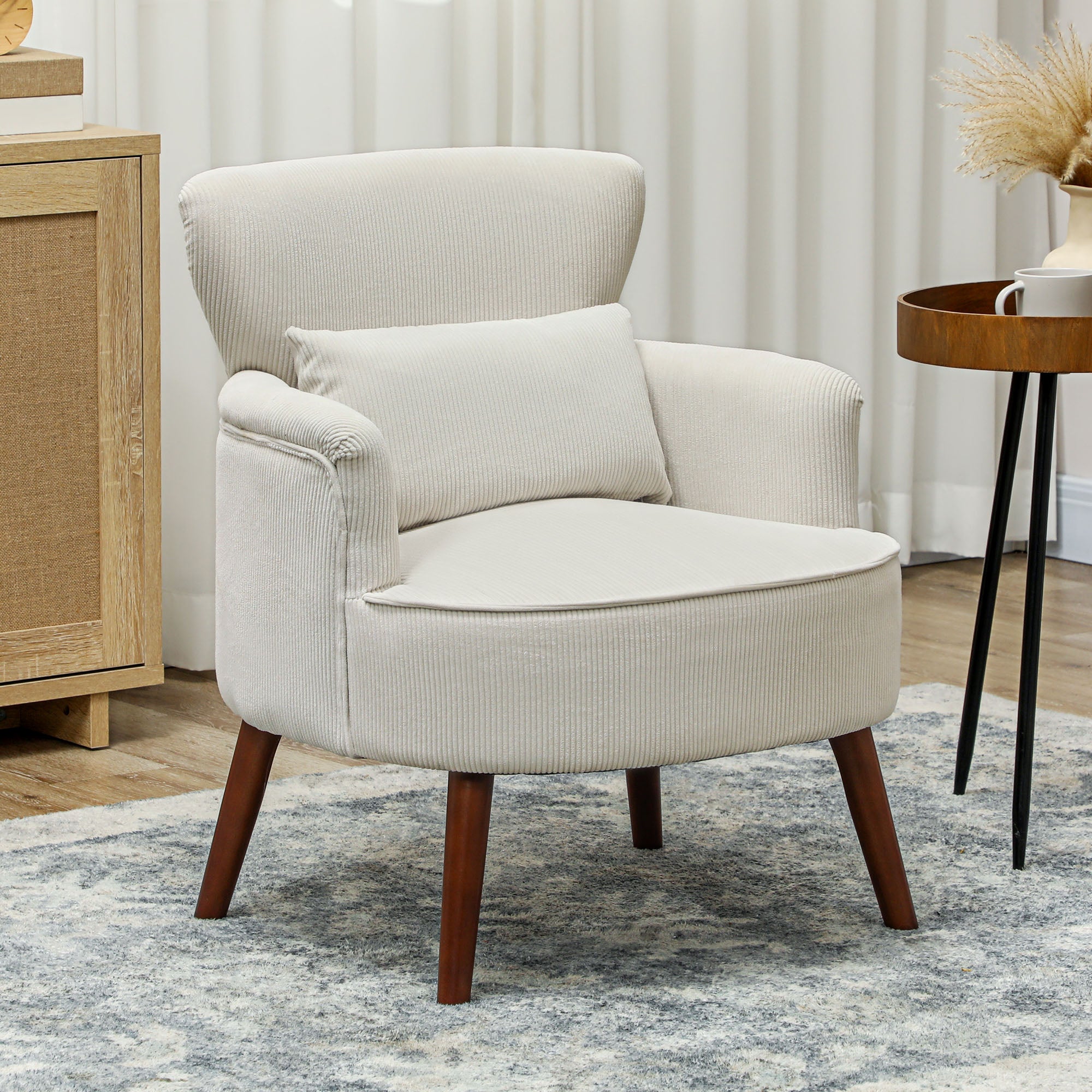 HOMCOM Accent Chair, Upholstered Armchair with Solid Wood Legs and Lumbar Pillow, Living Room Chair with Thick Padded Seat, Cream White