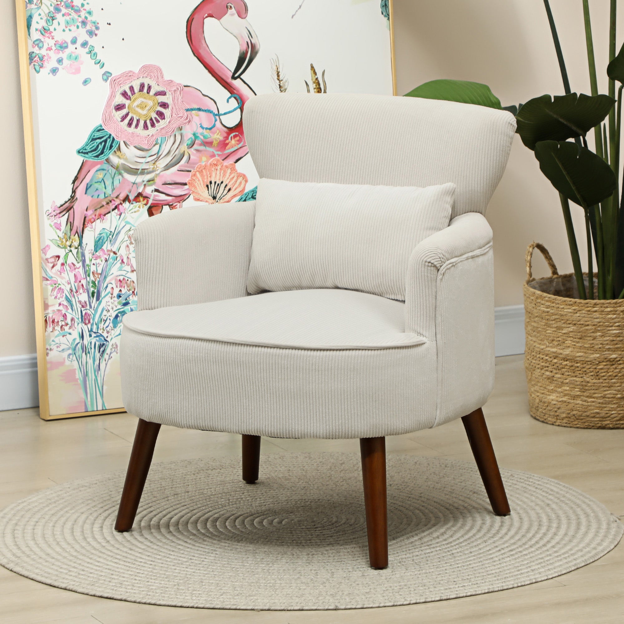 HOMCOM Accent Chair, Upholstered Armchair with Solid Wood Legs and Lumbar Pillow, Living Room Chair with Thick Padded Seat, Cream White