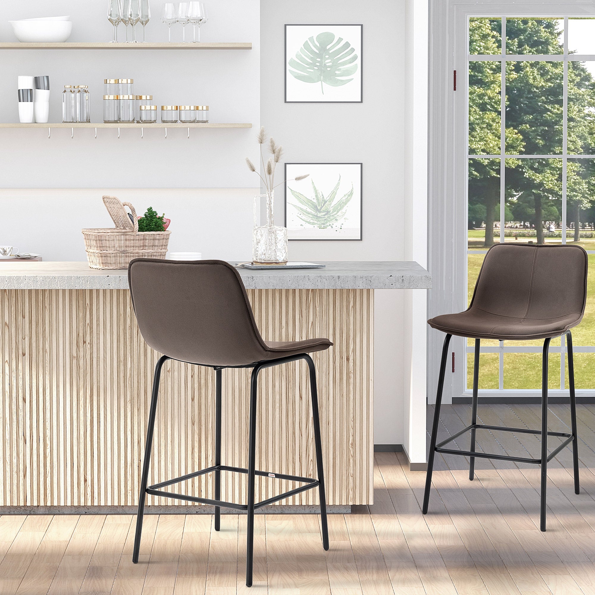 HOMCOM Bar Stools Set of 2, Upholstered Counter Height Bar Chairs, 26" (66 cm) Kitchen Stools with Steel Legs for Dining Area, Kitchen Aisle, Coffee