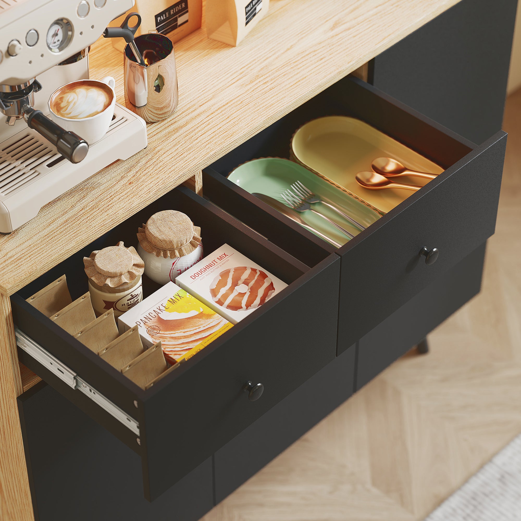 176 cm Tall Kitchen Cupboard with RGB LED Lights, Freestanding 6-Door Kitchen Storage Cabinet with 2 Drawers, Adjustable Shelves, Open Countertop and Cable Hole, Oak and Black