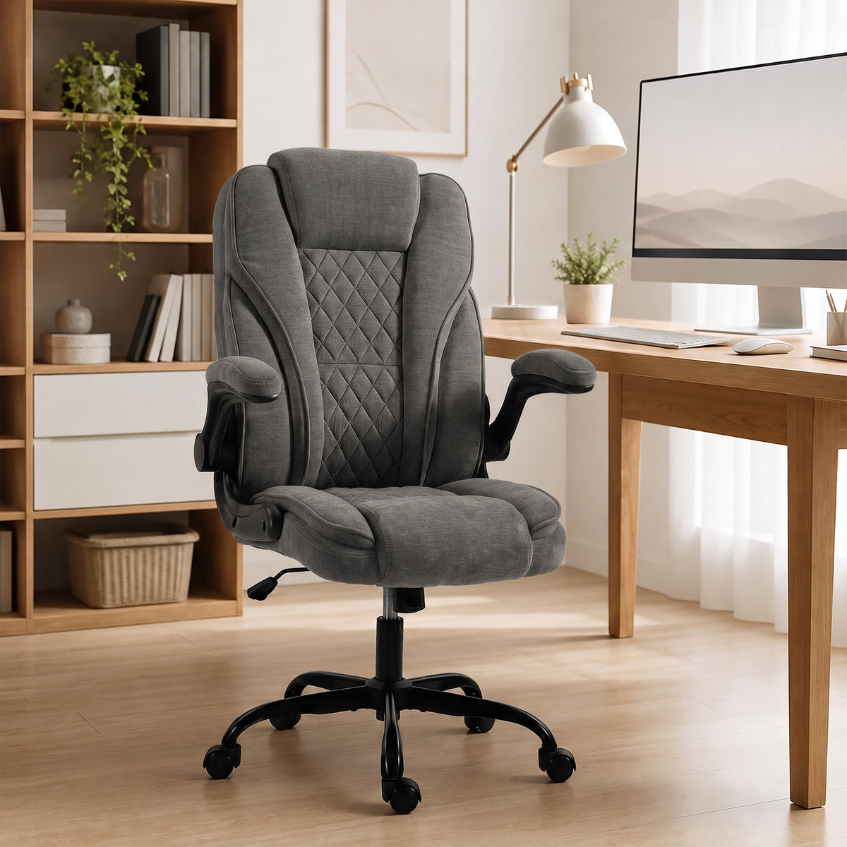 Office Chair, Ergonomic Executive Desk Chair with Padded Flip-up Armrest, Pocket Springs, Swivel Wheels, Multiple Angle Rocking, Adjustable Height, Diamond Fabric for Home Office, Dark Grey