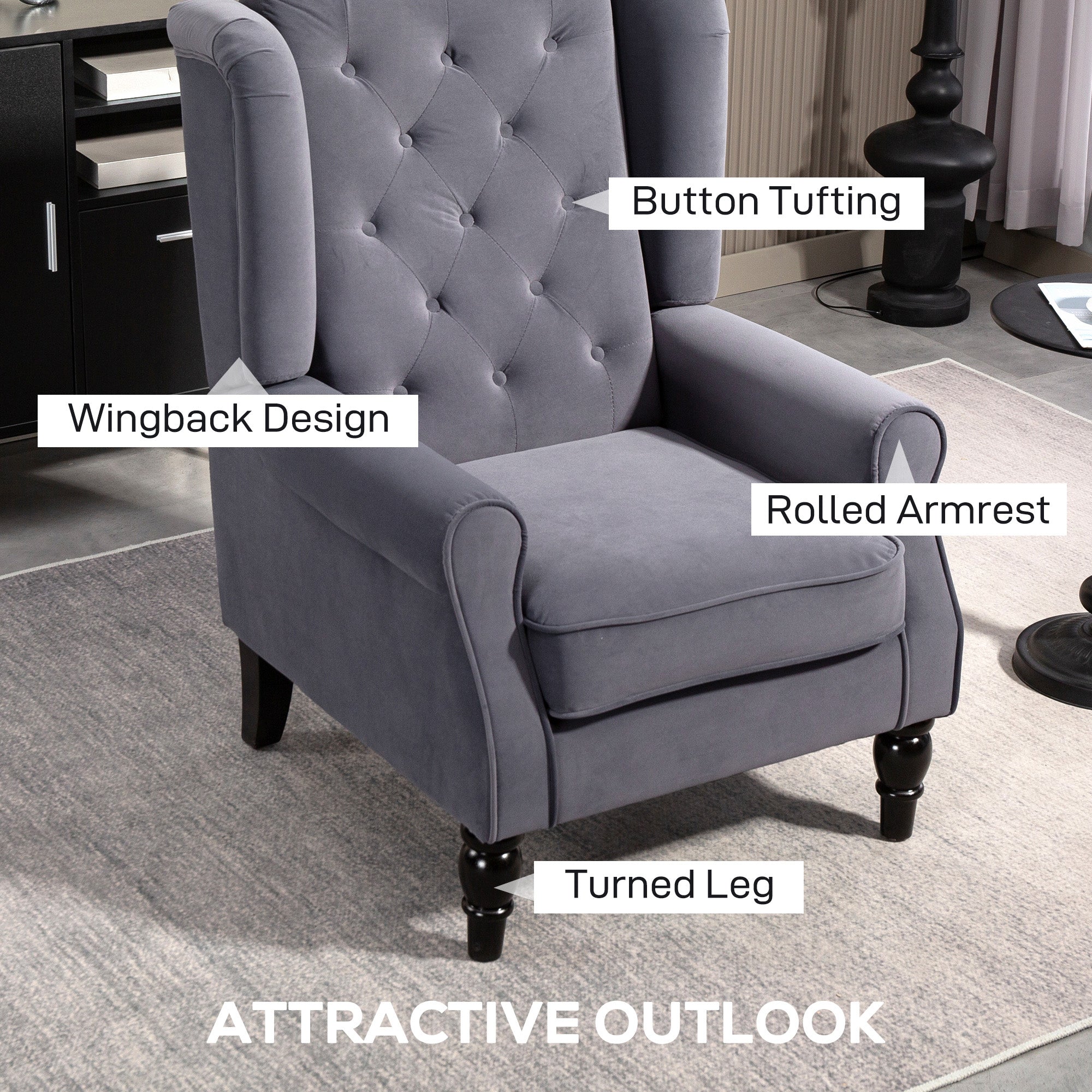 Retro Accent Chair, Velvet Wingback Armchair with Wood Frame Button Tufted Design for Living Room Bedroom, Charcoal Grey