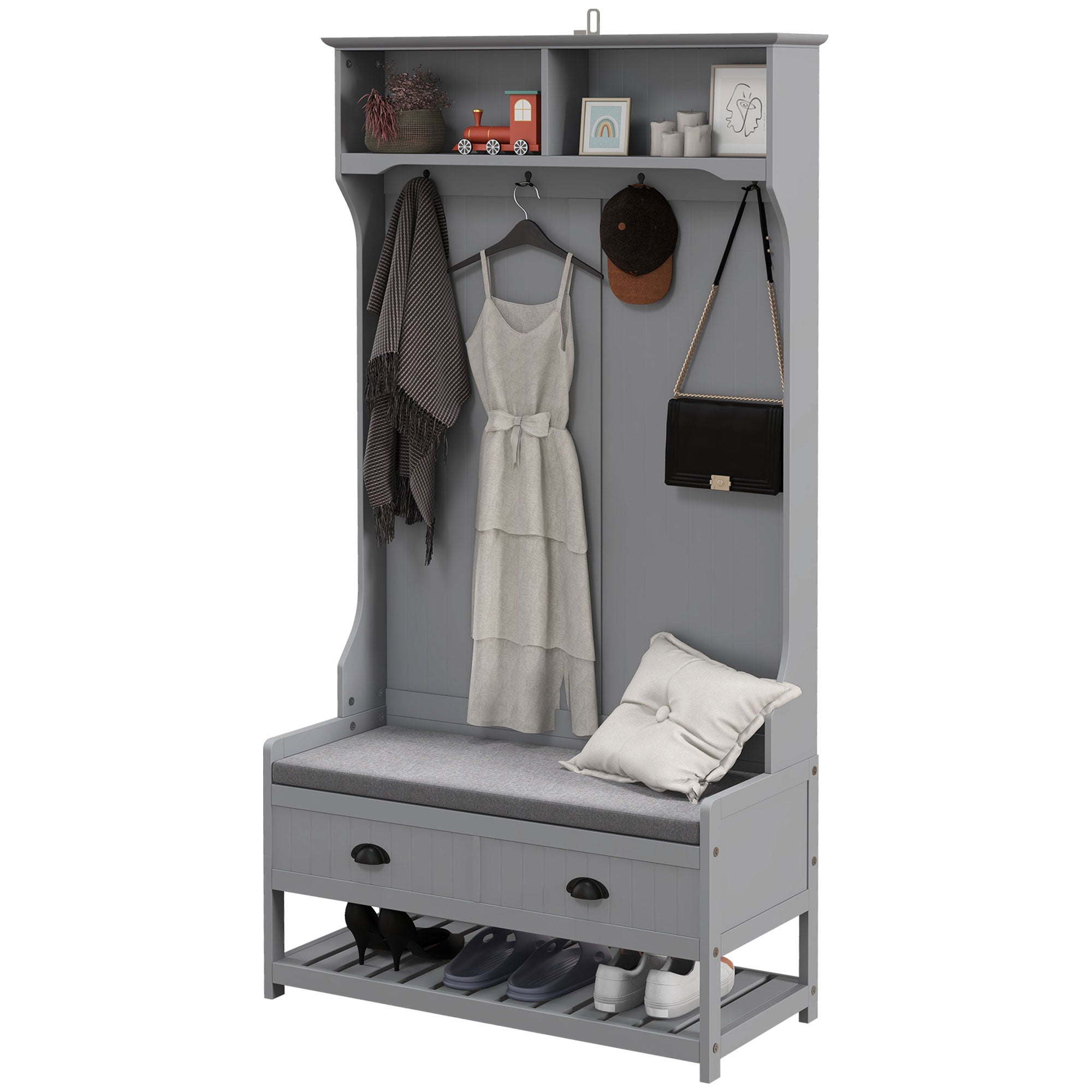 3-in-1 Hall Tree, Entryway Bench with Coat Rack, Mudroom Bench with Shoe Rack, 2 Storage Drawers, 4 Hooks and Padded Seat Cushions for Hallway, Gray