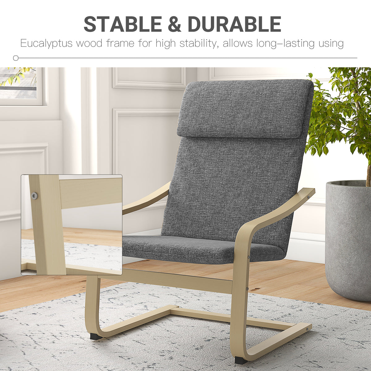 Modern Accent Chair, Linen-Feel Upholstered Living Room Chair with Wood Curved Legs and Wide Padded Seat for Balcony, Dark Grey