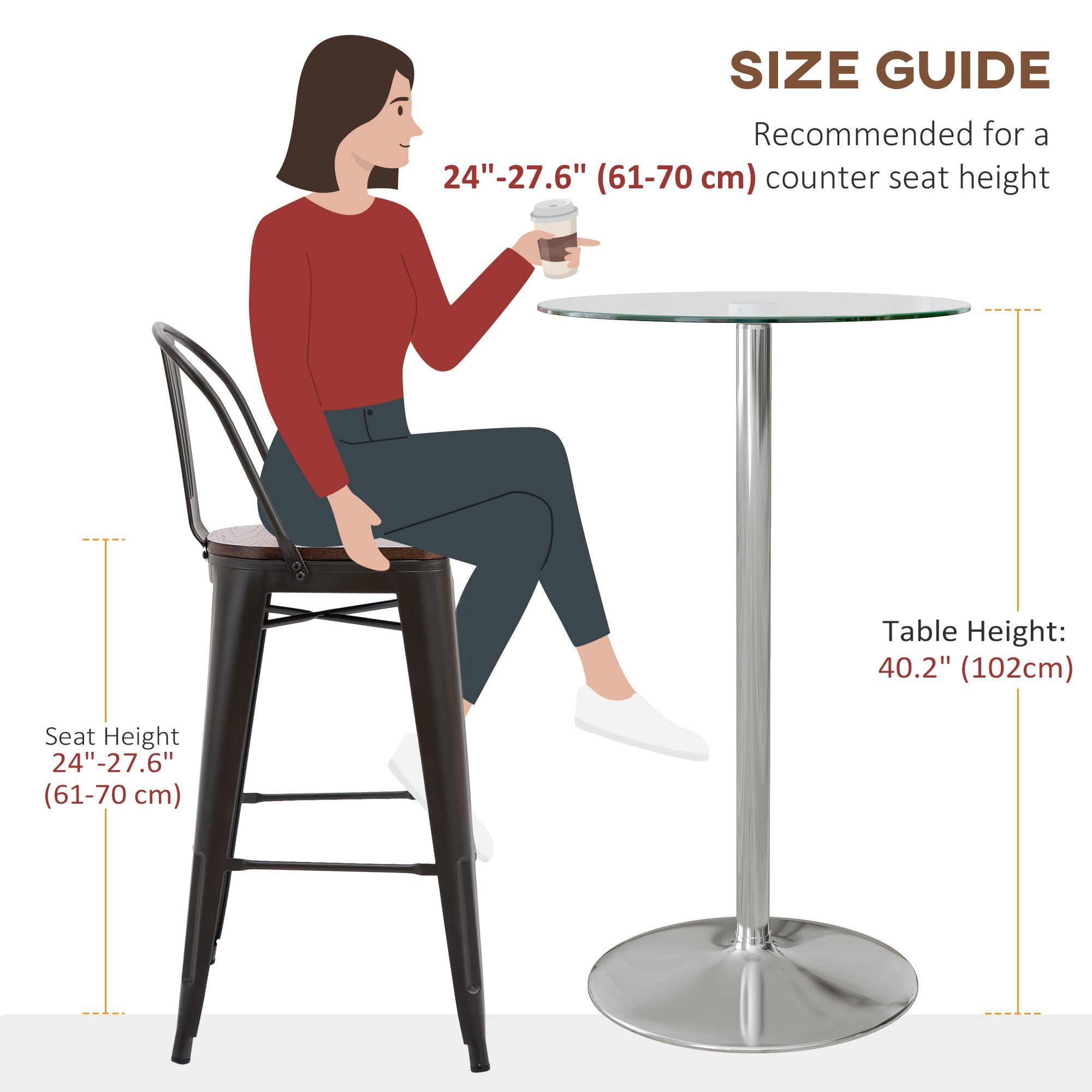 HOMCOM Round Bar Table, High Top Kitchen Table with Tempered Glass Top and Steel Frame, Modern Pub Table for 2, Easy Assembly for Home Bar, Clear