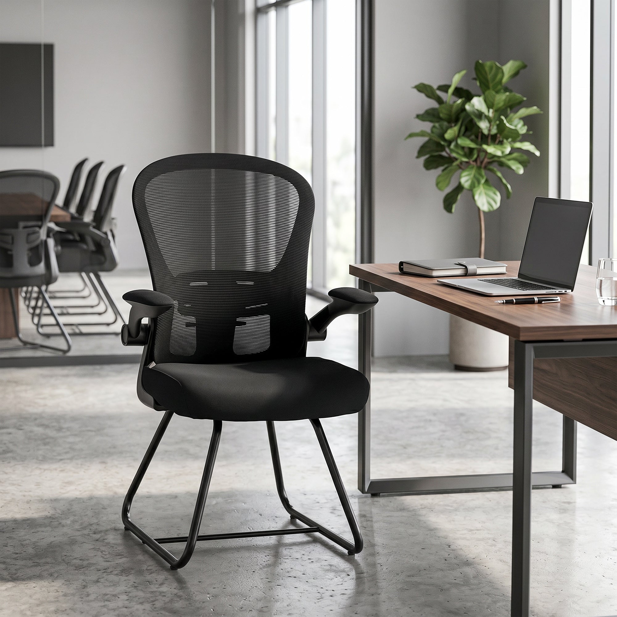 Reception Chair, Conference Meeting Office Chair with Flip-up Armrest, Mesh Backrest, Lumbar Support and Metal Base for Waiting Room Home Office, Black