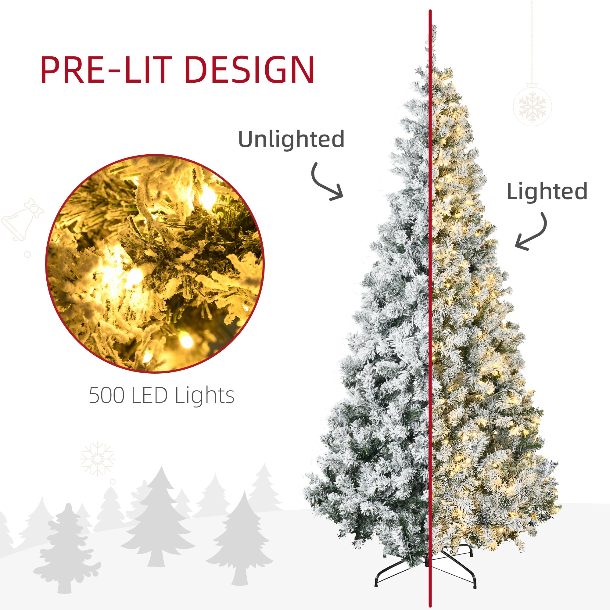 7.5ft Tall Prelit Artificial Christmas Tree Holiday Décor with 1188 Snow Flocked Branches, 500 Warm White LED Lights, Auto Open, Green