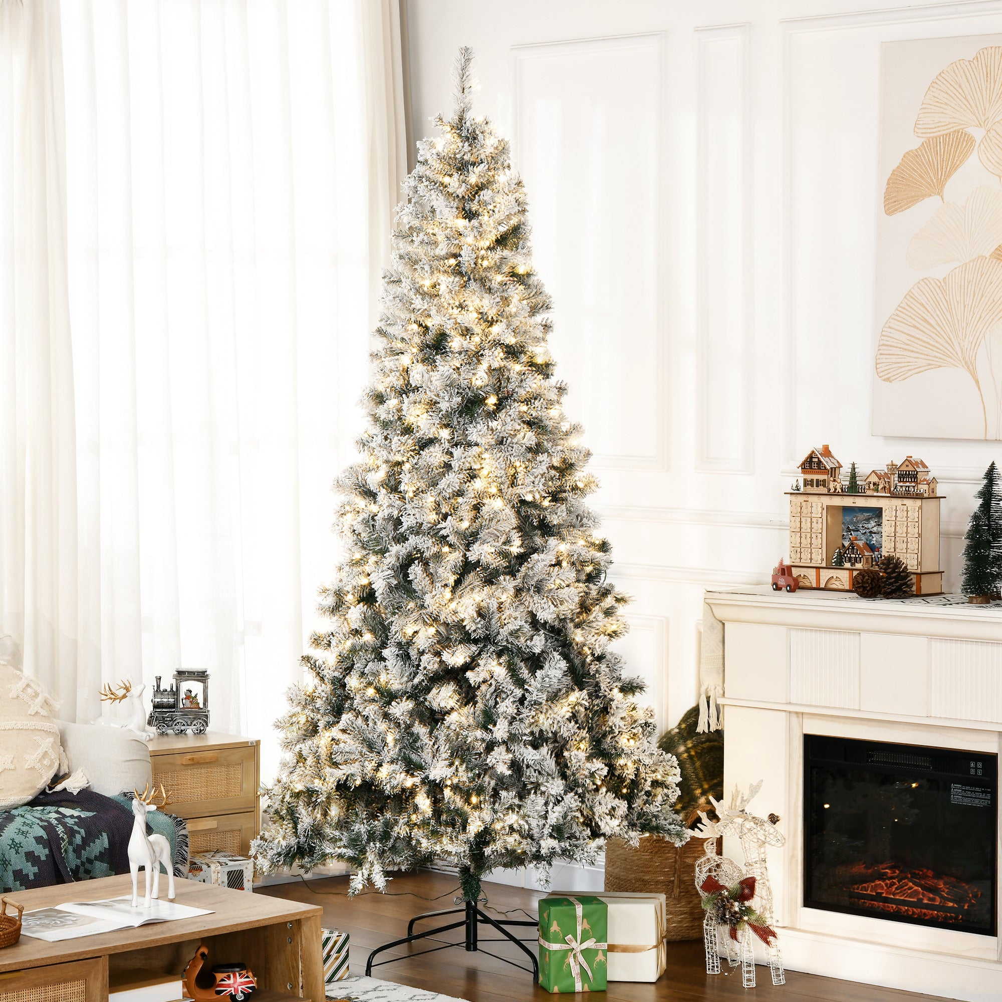 7.5ft Prelit Snow Flocked Artificial Christmas Tree, Realistic Xmas Tree with 500 Warm White LED Light and 1188 Tips, Metal Base, Auto Open, Green